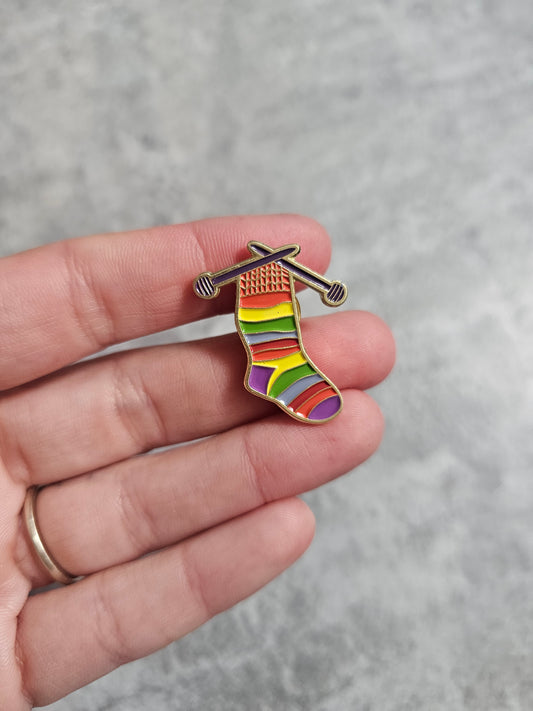 Knitting Pin Badge, Rainbow Sock, Crochet