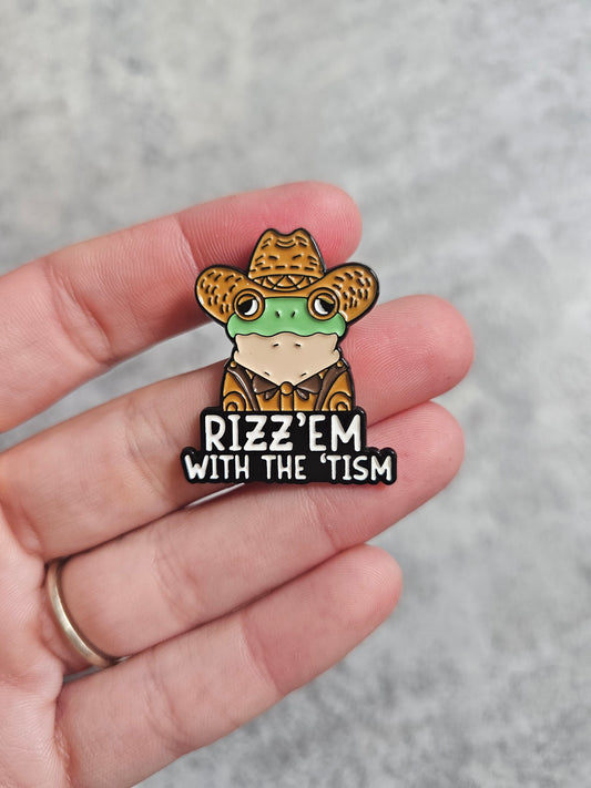 Rizz em with the tism cowboy frog Pin Badge