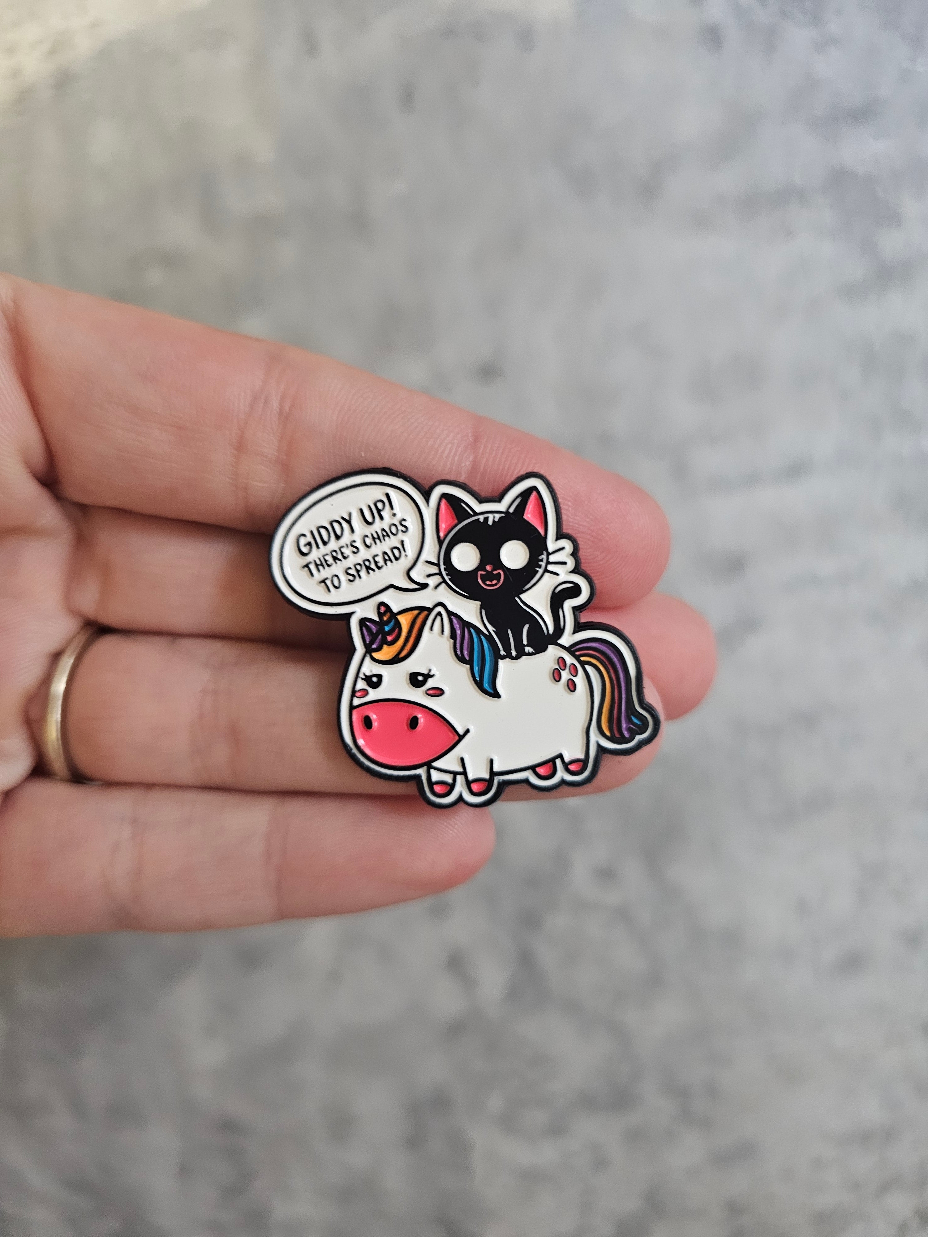 Giddy up there's chaos to cause unicorn Pin Badge, gift idea