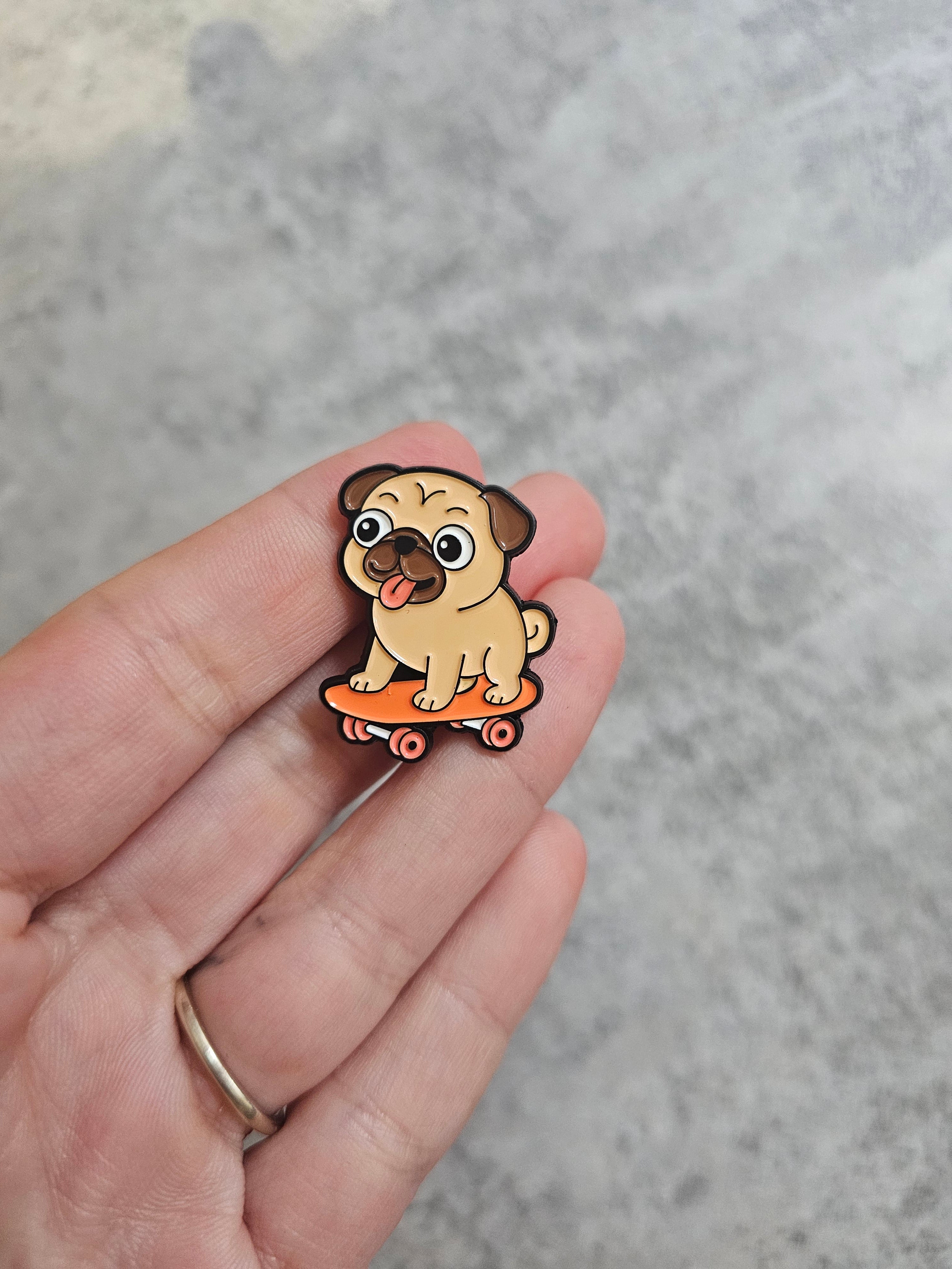 Pug on skateboard Pin Badge, dog gifts , gift idea