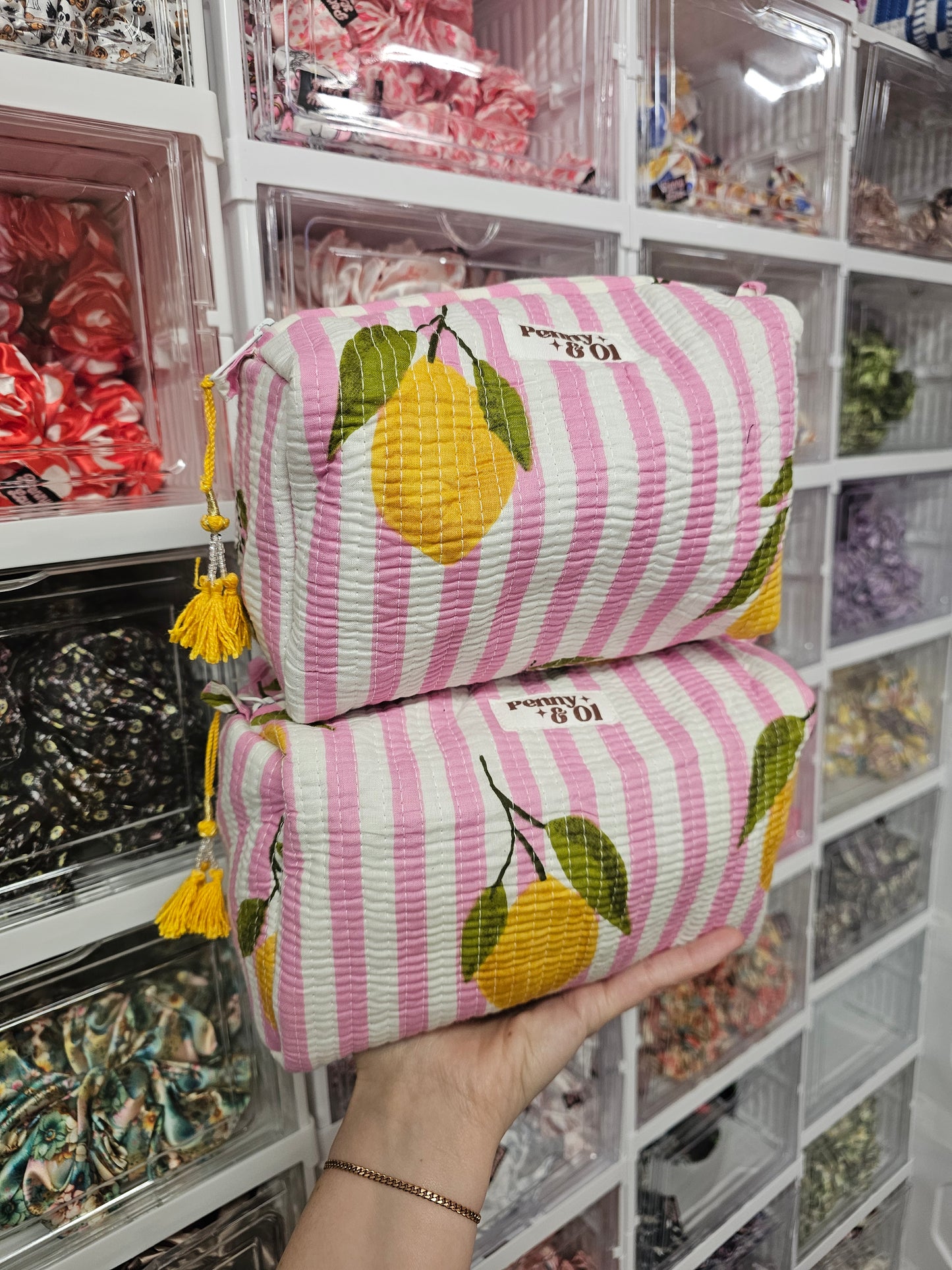 Pink Striped Lemons collection, tote bags. Cotton tote bags all sizes