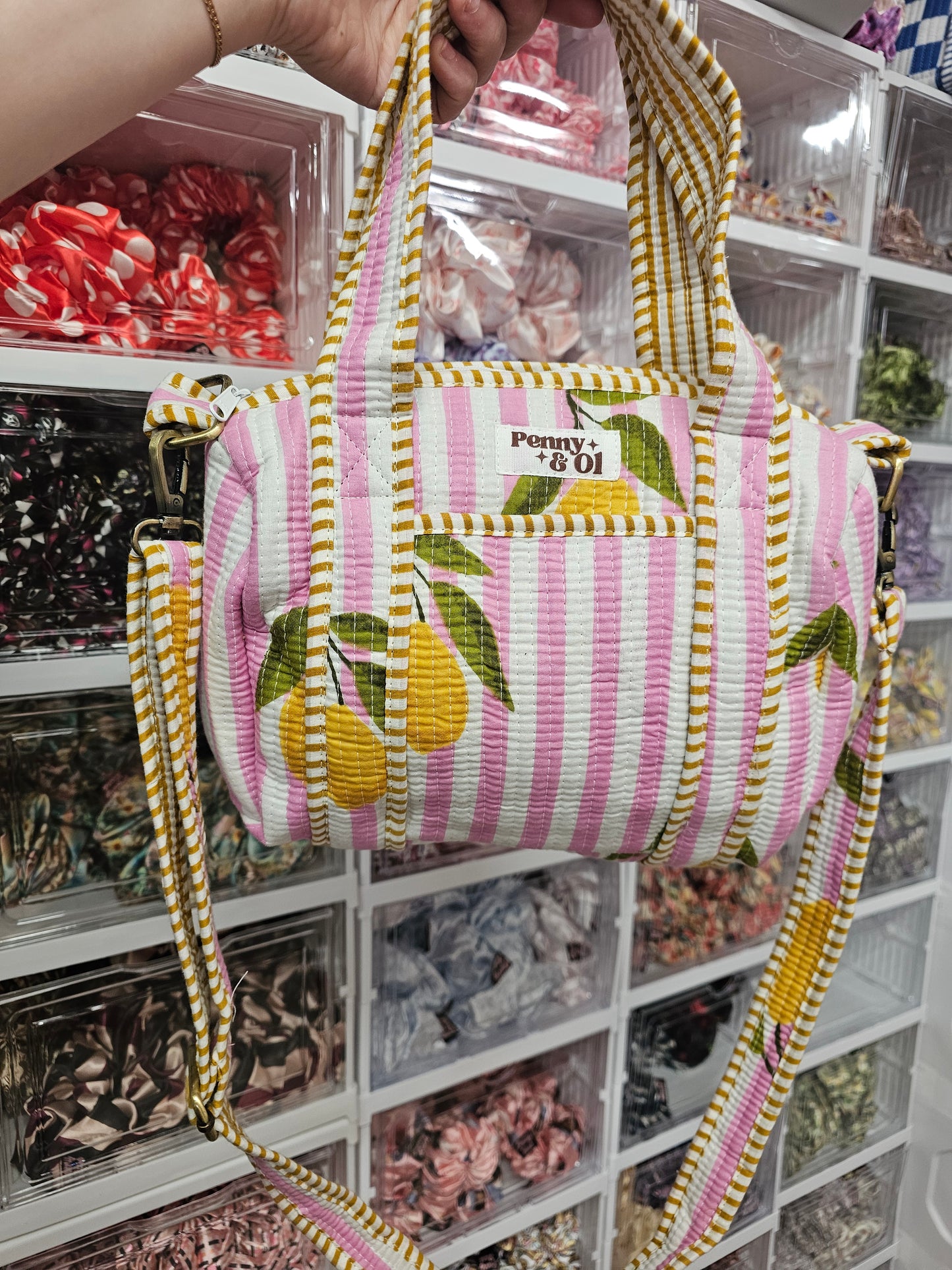 Pink Striped Lemons collection, tote bags. Cotton tote bags all sizes