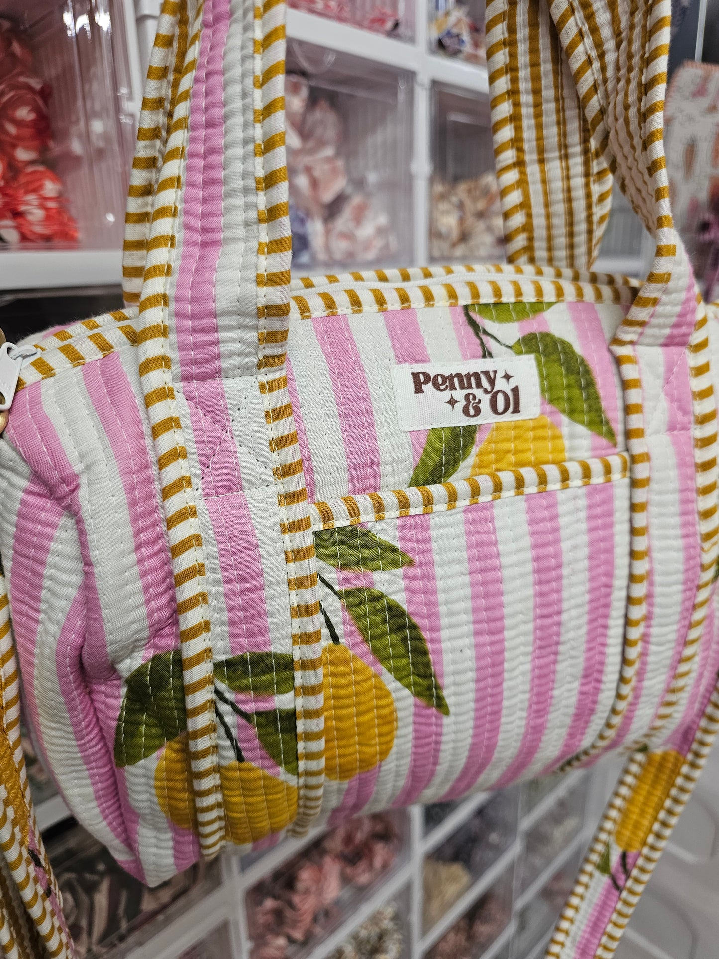 Pink Striped Lemons collection, tote bags. Cotton tote bags all sizes