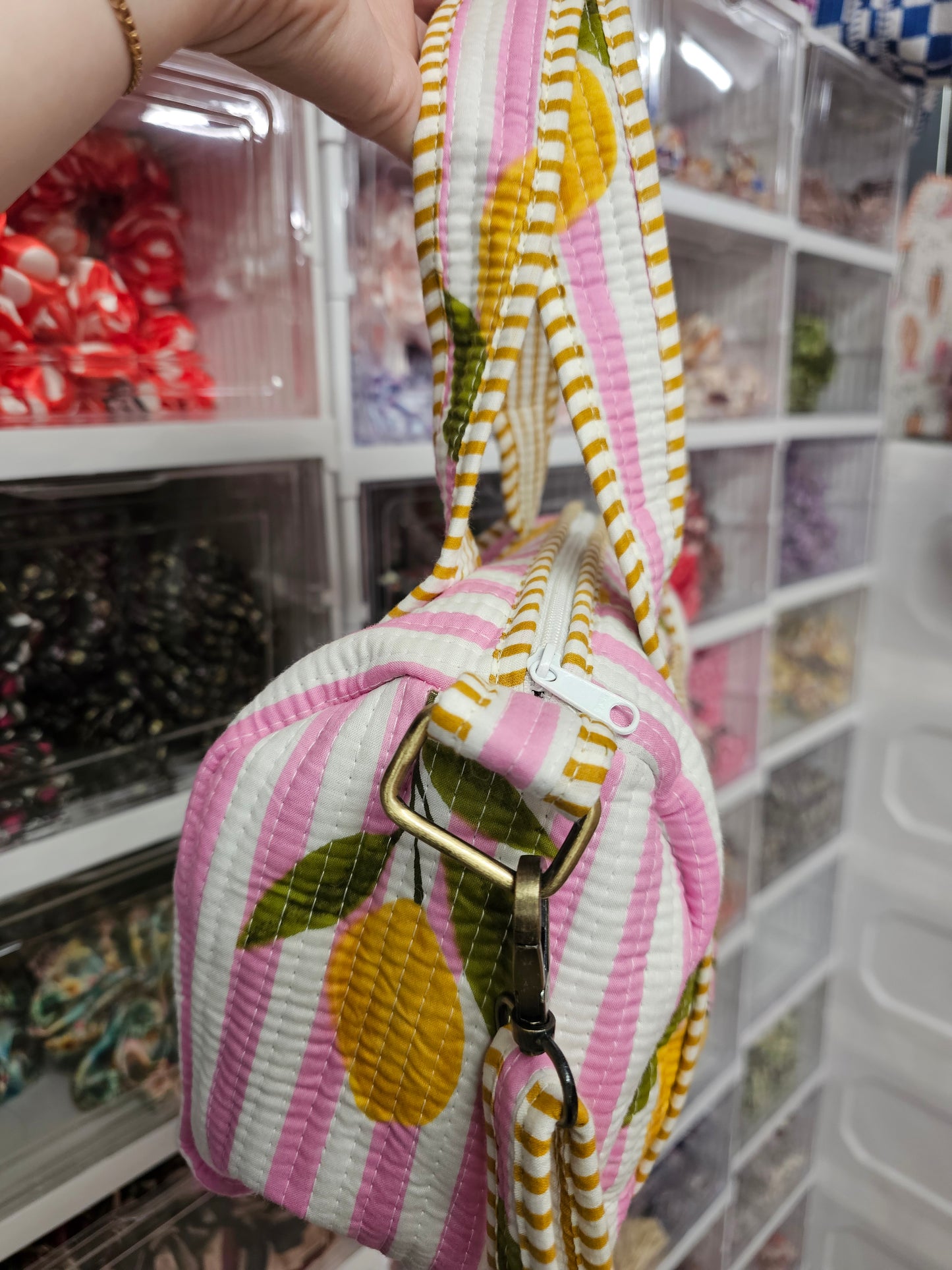 Pink Striped Lemons collection, tote bags. Cotton tote bags all sizes