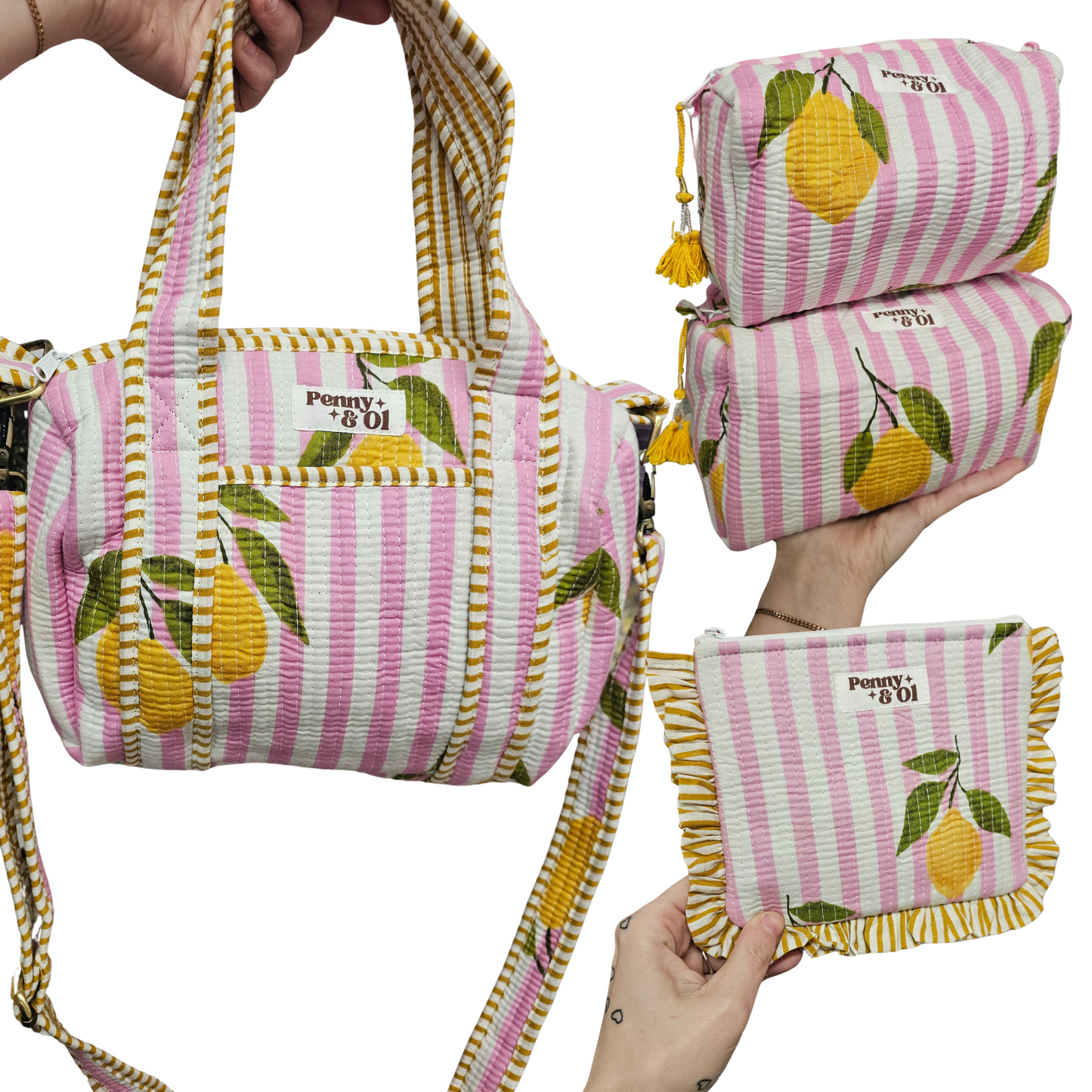 Pink Striped Lemons collection, tote bags. Cotton tote bags all sizes