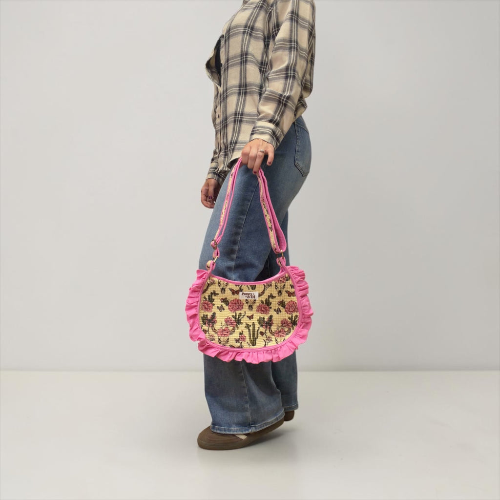 Pink Vintage Western Ruffle Shoulder Bag, Handmade Cotton Tote Bags