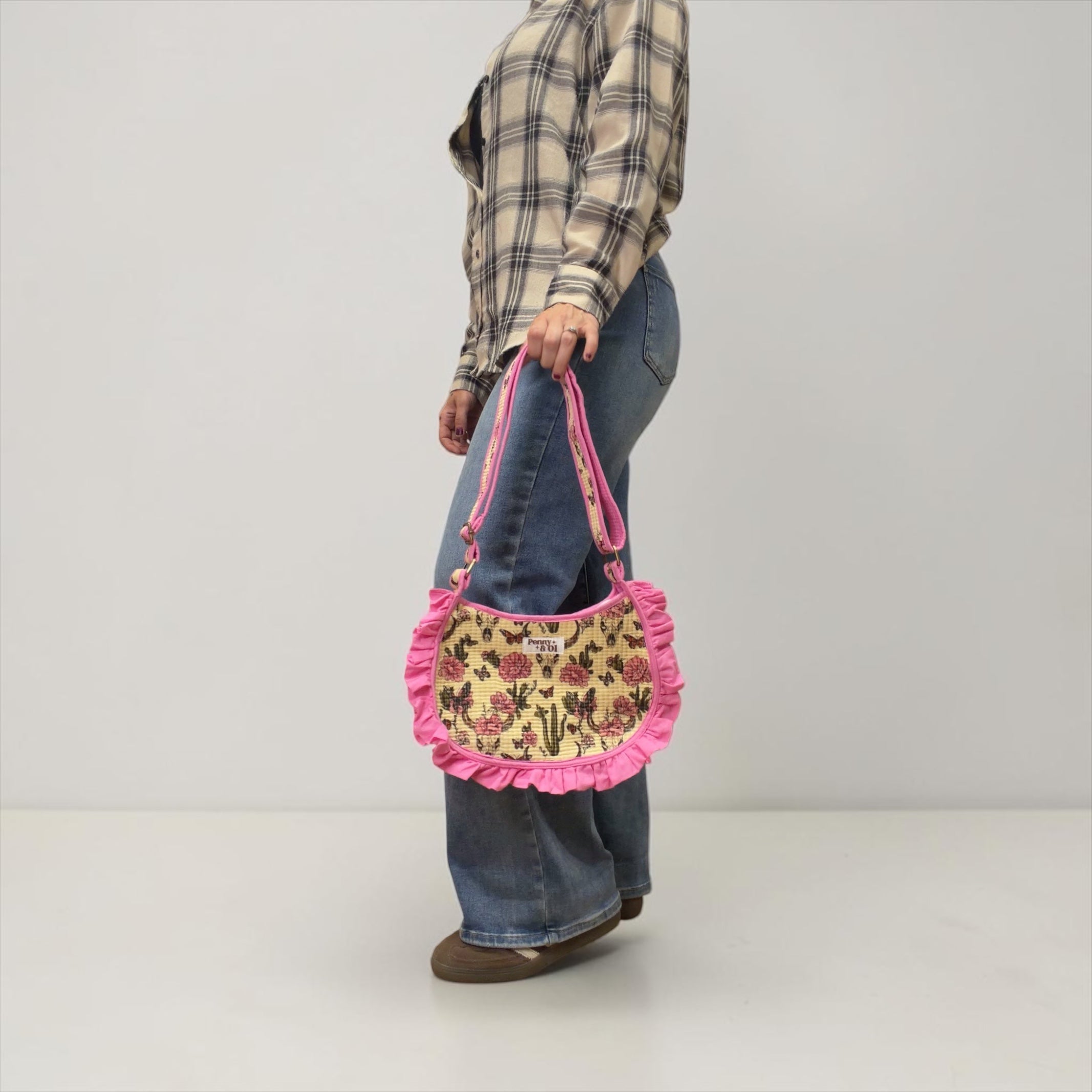 Pink Vintage Western Ruffle Shoulder Bag, Handmade Cotton Tote Bags