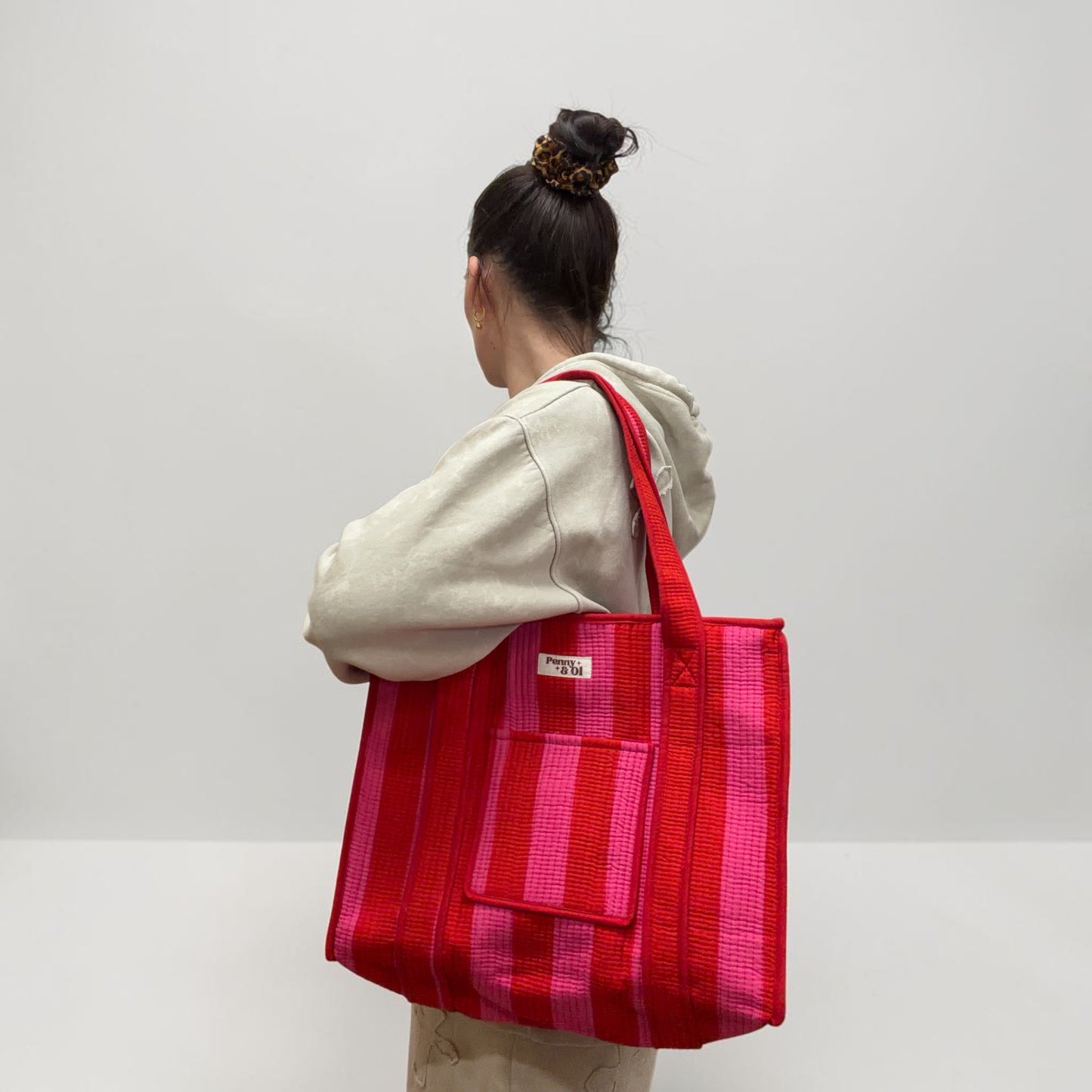 Pink & Red Stripe Travel Tote, Handmade Cotton Tote Bag