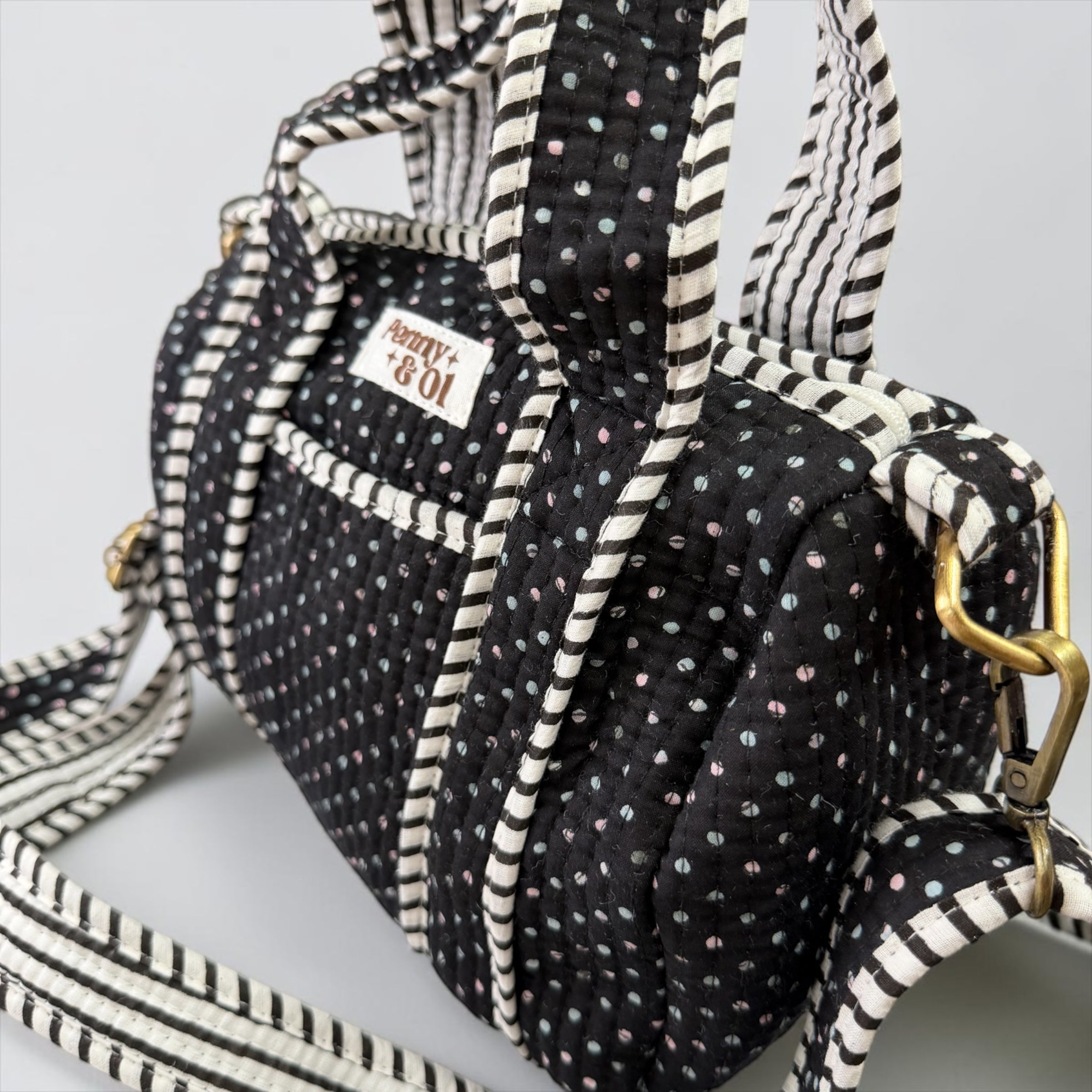 Black with baby pink & baby blue polka dot Mini Duffle Tote Bags - Penny & Ol