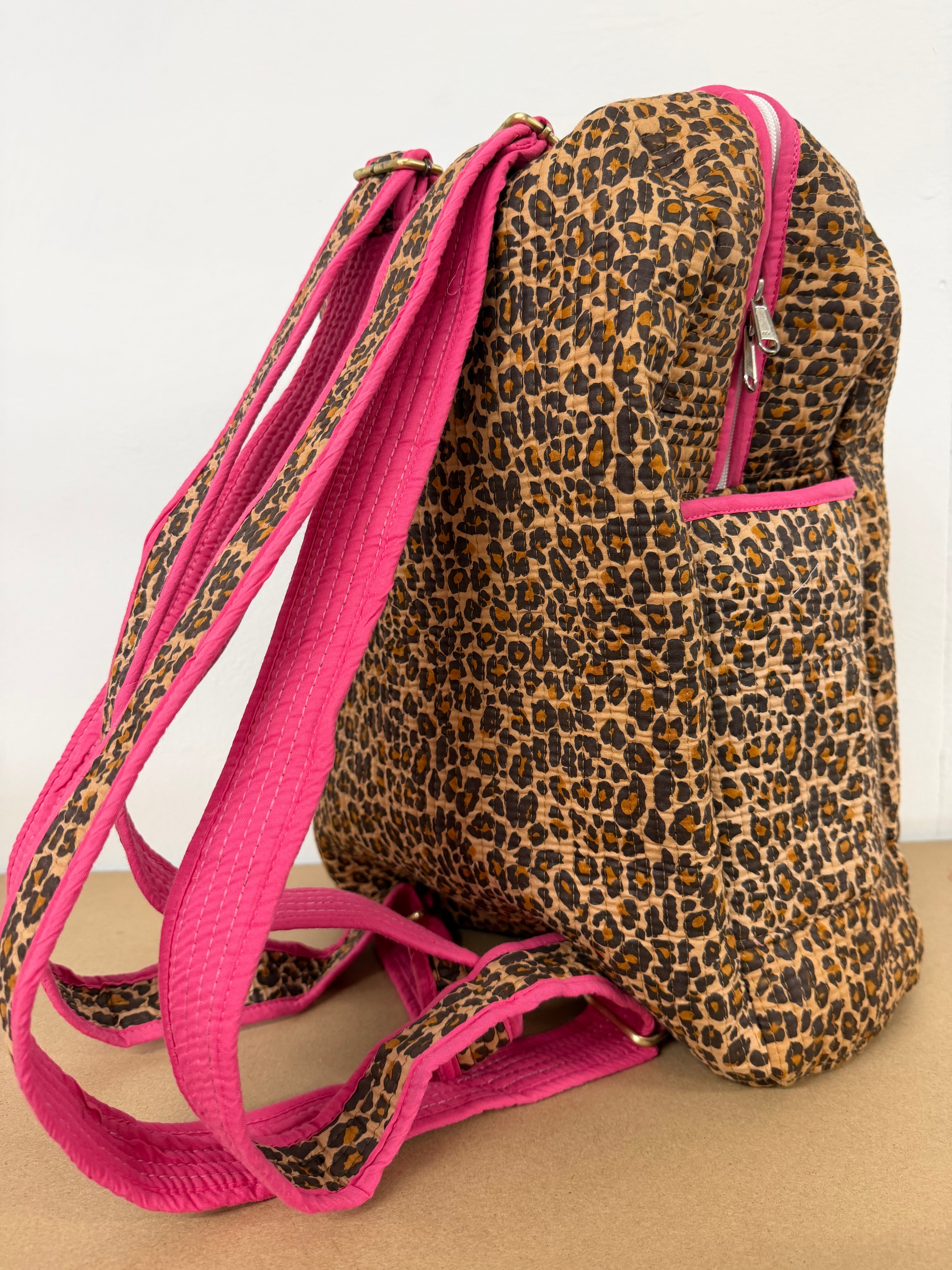 Pink Leopard Backpack, handmade cotton tote bags.