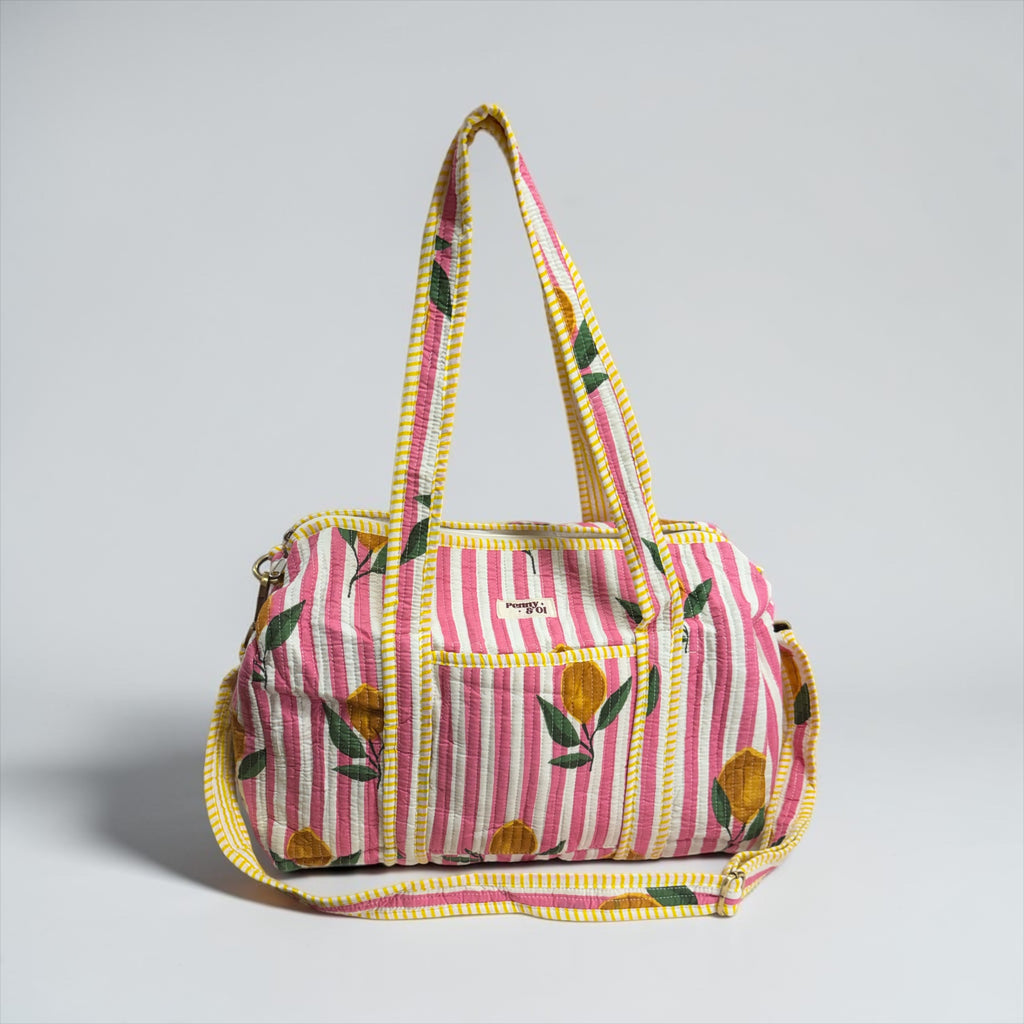 Pink Stripe Lemons MEDIUM DUFFLE Tote Bags - Penny & Ol