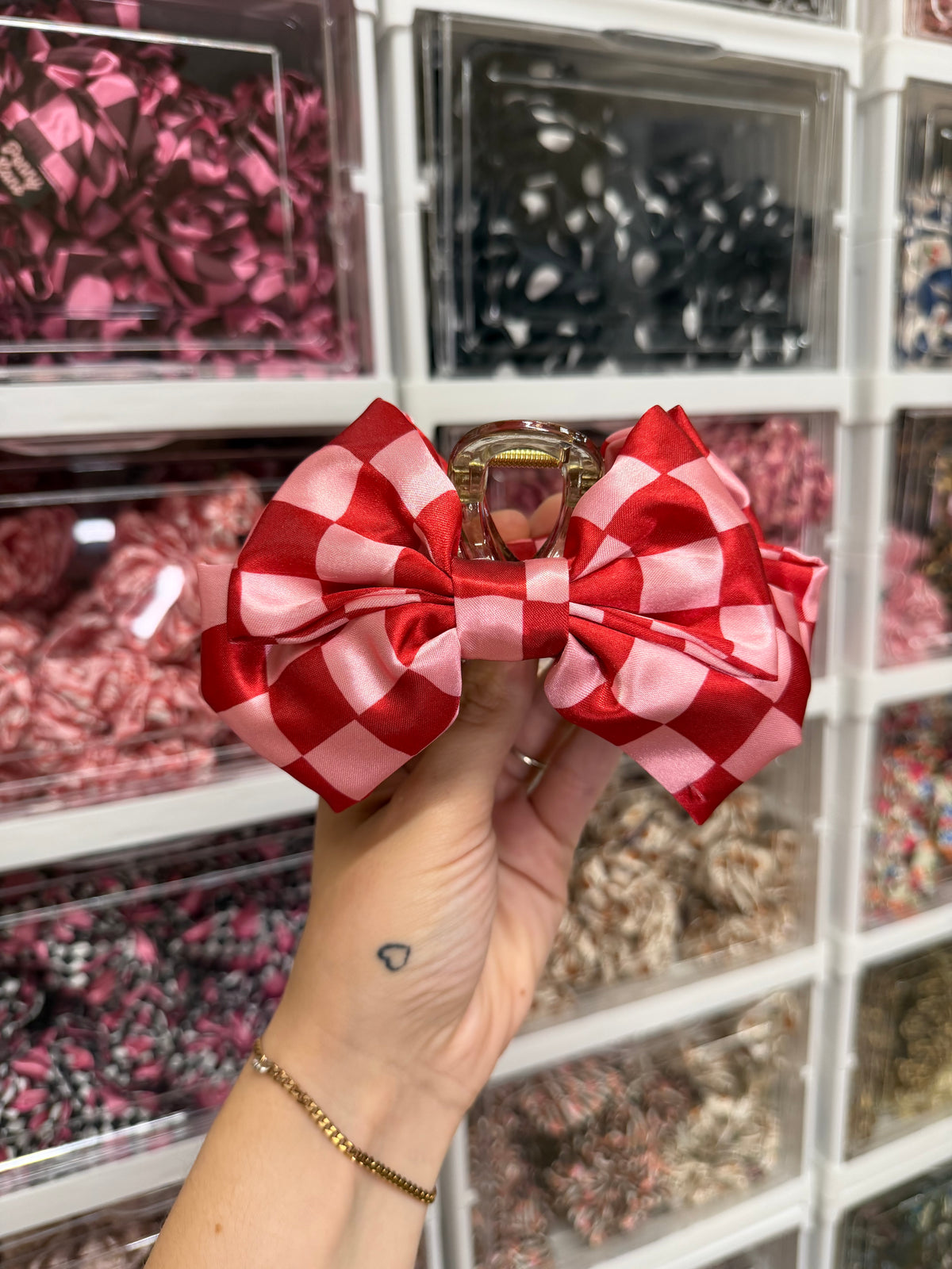 Pink and red checkerboard Fabric Claw Clip, Custom Made PLS Fabrics