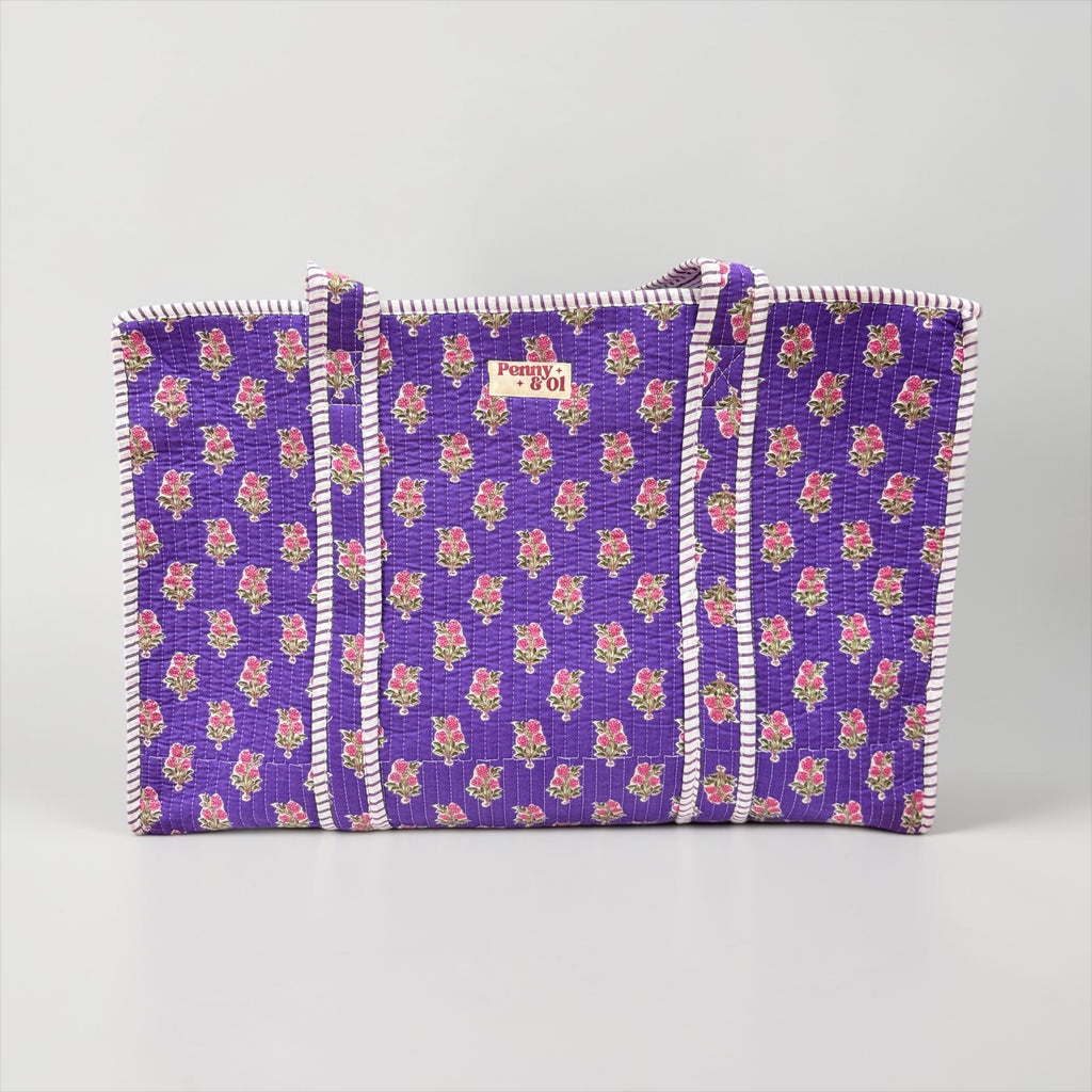 Purple Floral Blockprint LARGE Cotton Tote Bag