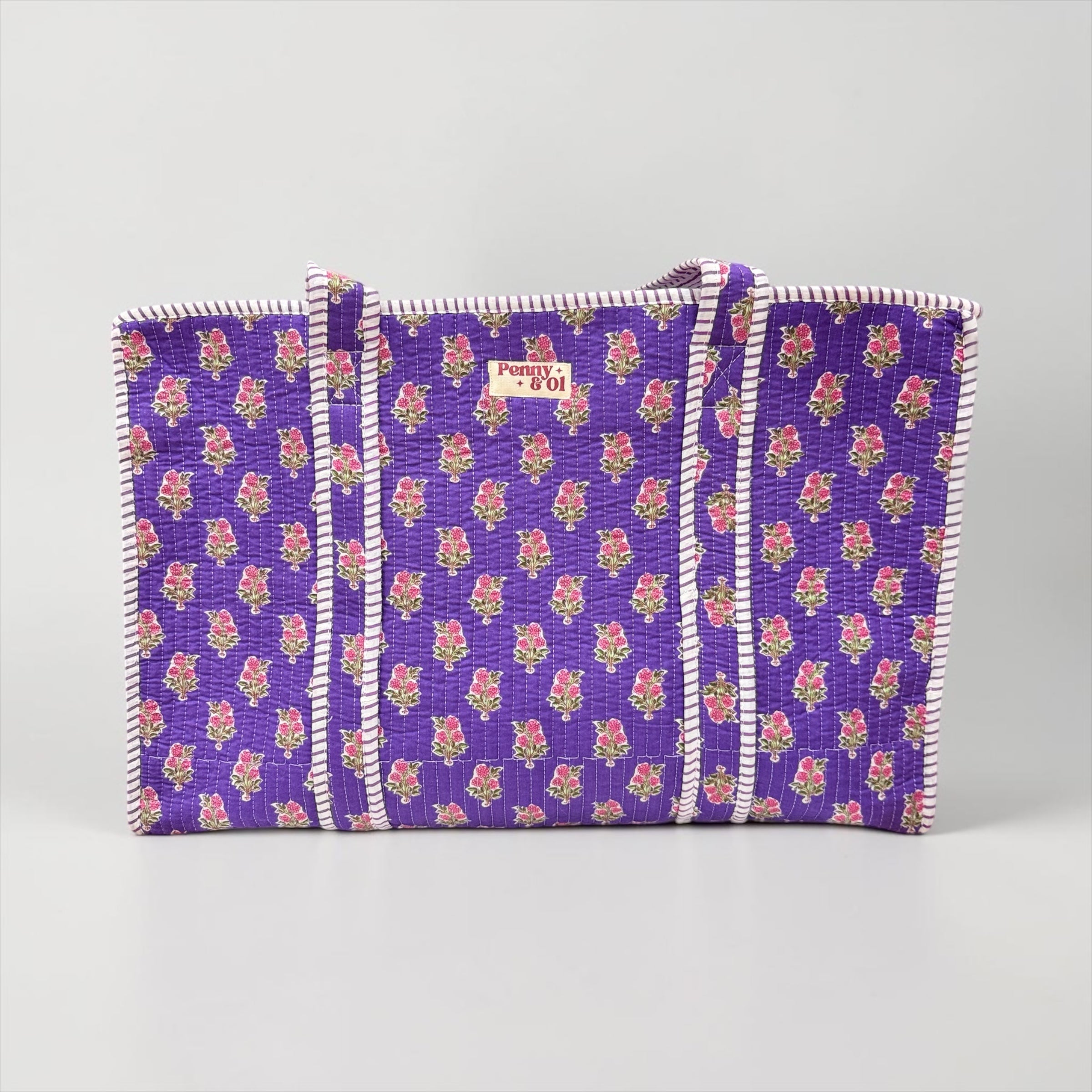 Purple Floral Blockprint LARGE Cotton Tote Bag