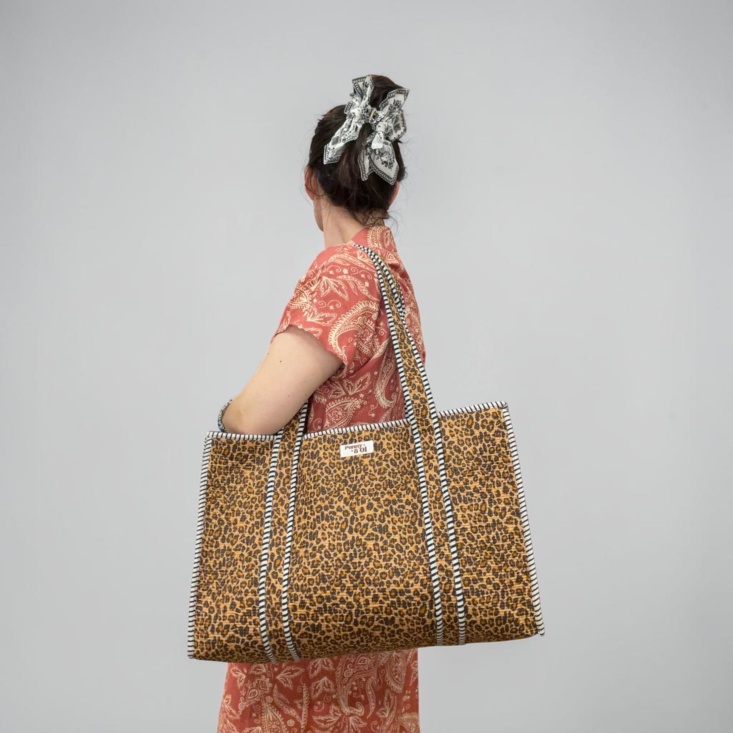 Pink Leopard Print Large Cotton Tote Bag, handmade tote bags