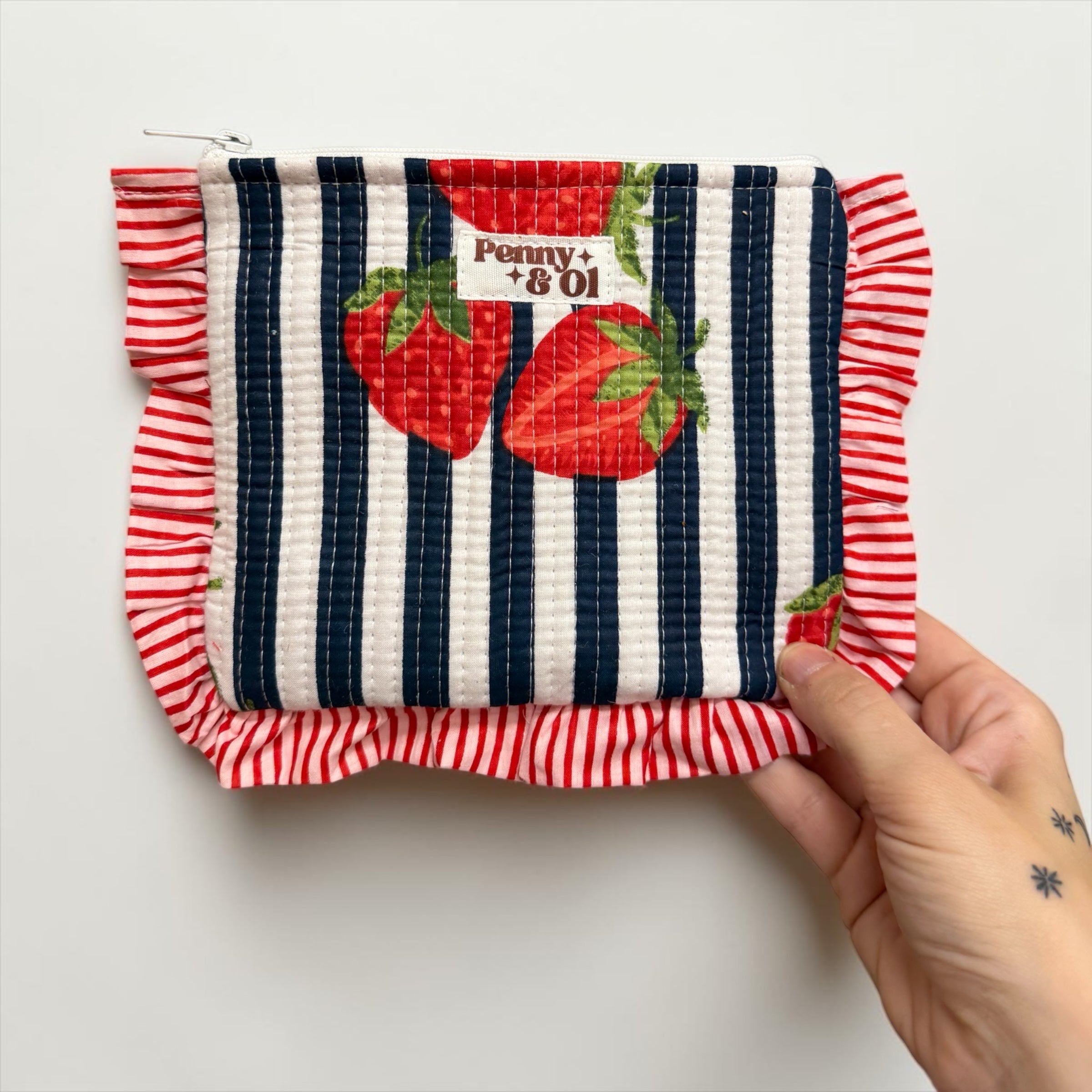 Navy Stripe Strawberry Ruffle Pouch