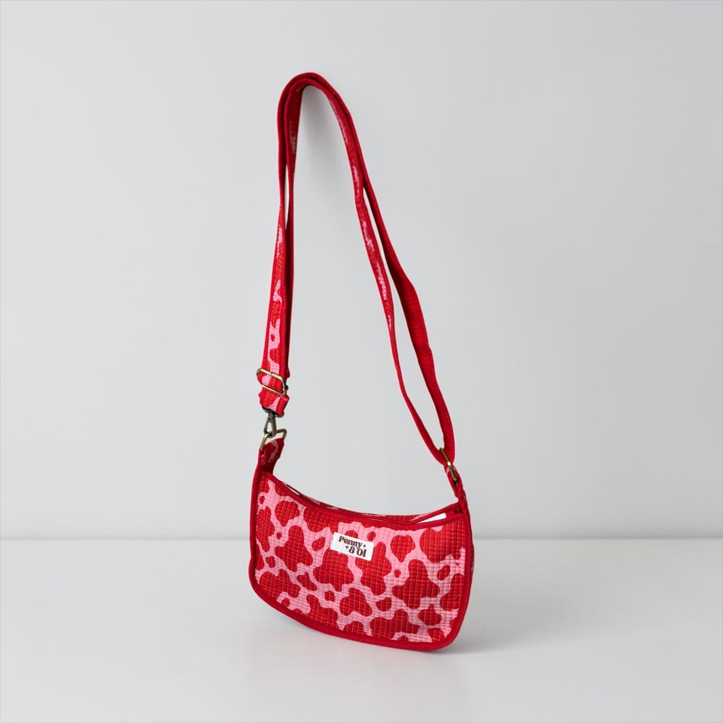 Pink & Red Cow Print Mini Shoulder Bag, Handmade Cotton Tote Bags