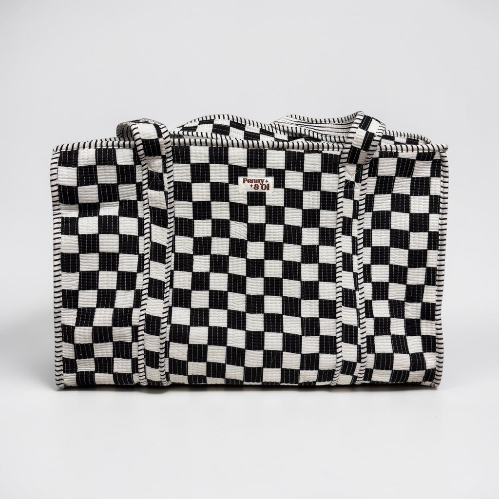 Black and white checkerboard, LARGE Cotton Tote Bag