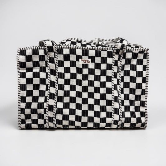 Black and white checkerboard, LARGE Cotton Tote Bag