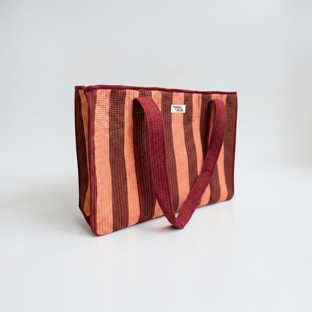 Burgundy and peachy pink stripe LARGE Cotton Tote Bag