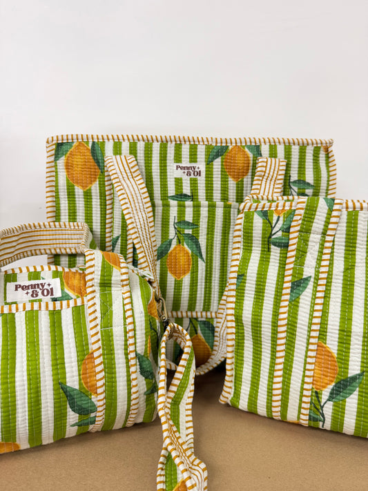 Green Stripe Lemons collection, tote bags. Cotton tote bags all sizes