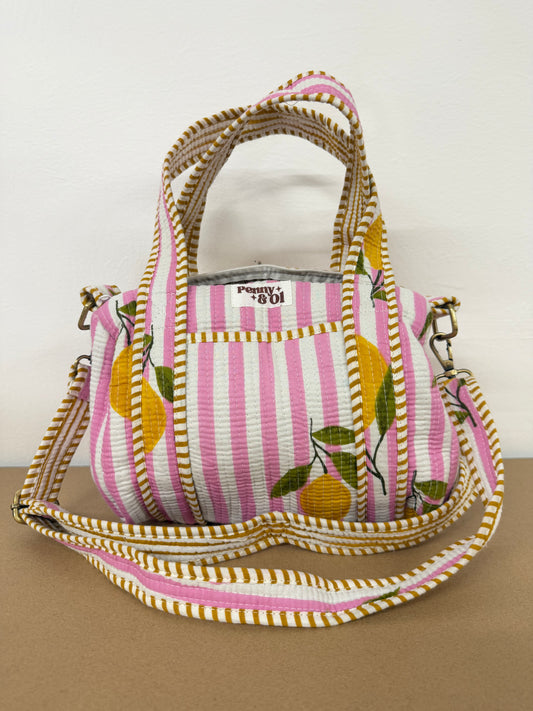 Pink Striped Lemons collection, tote bags. Cotton tote bags all sizes