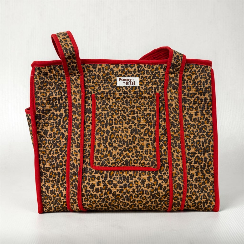 Red Leopard Print Travel Tote, Handmade Cotton Tote Bag