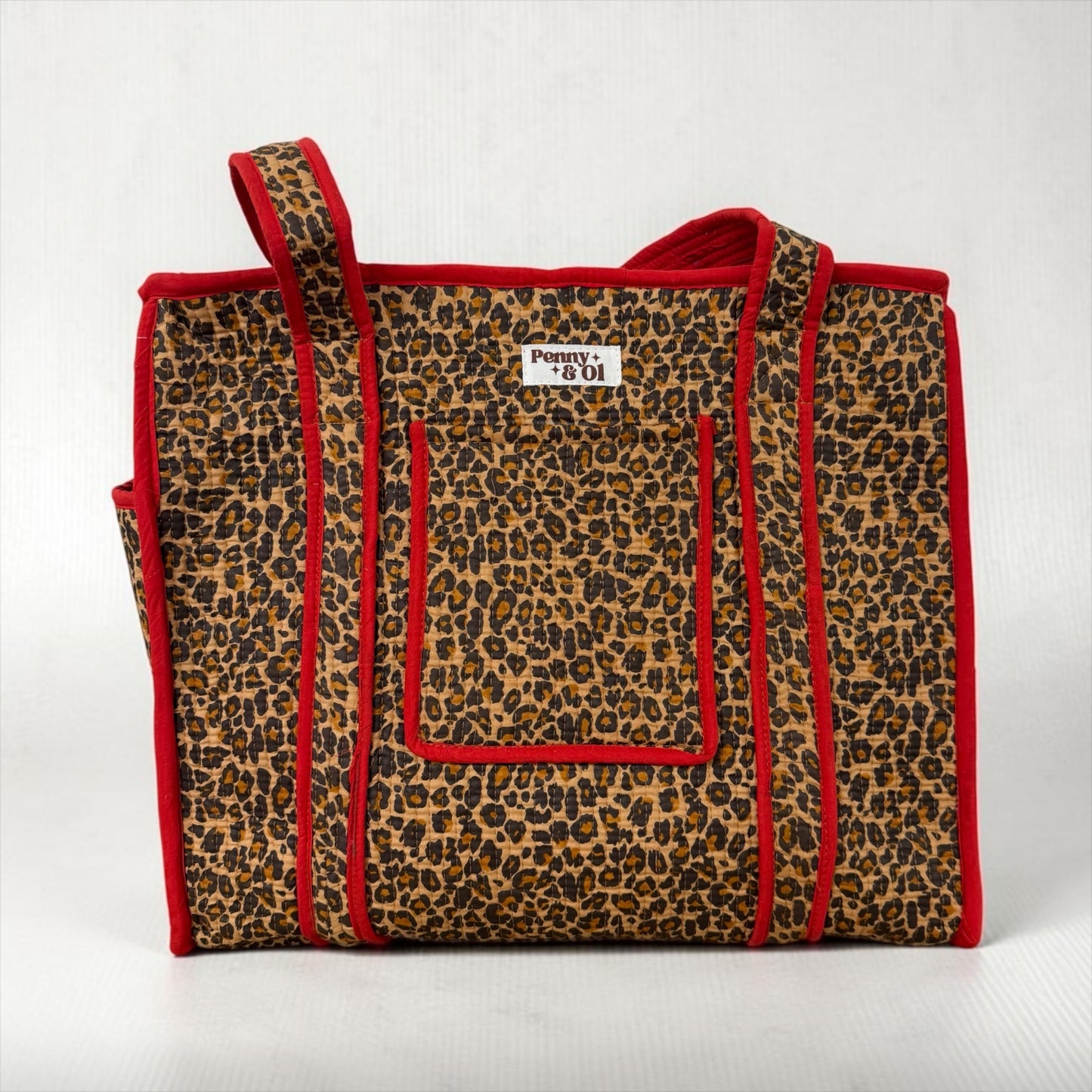 Red Leopard Print Travel Tote, Handmade Cotton Tote Bag