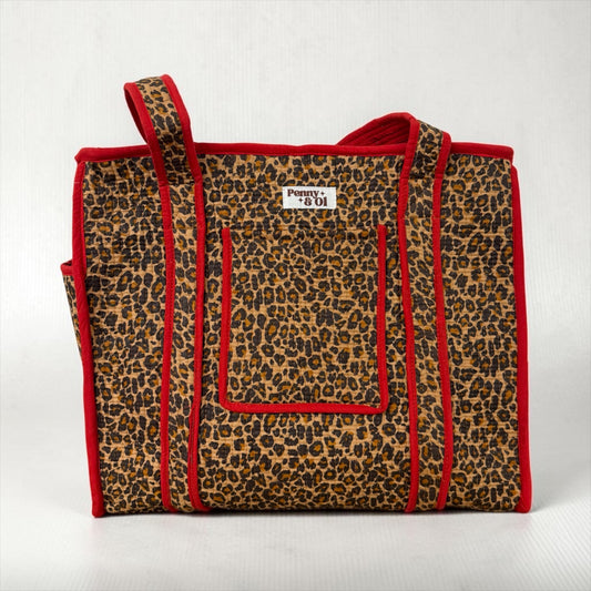 Red Leopard Print Travel Tote, Handmade Cotton Tote Bag