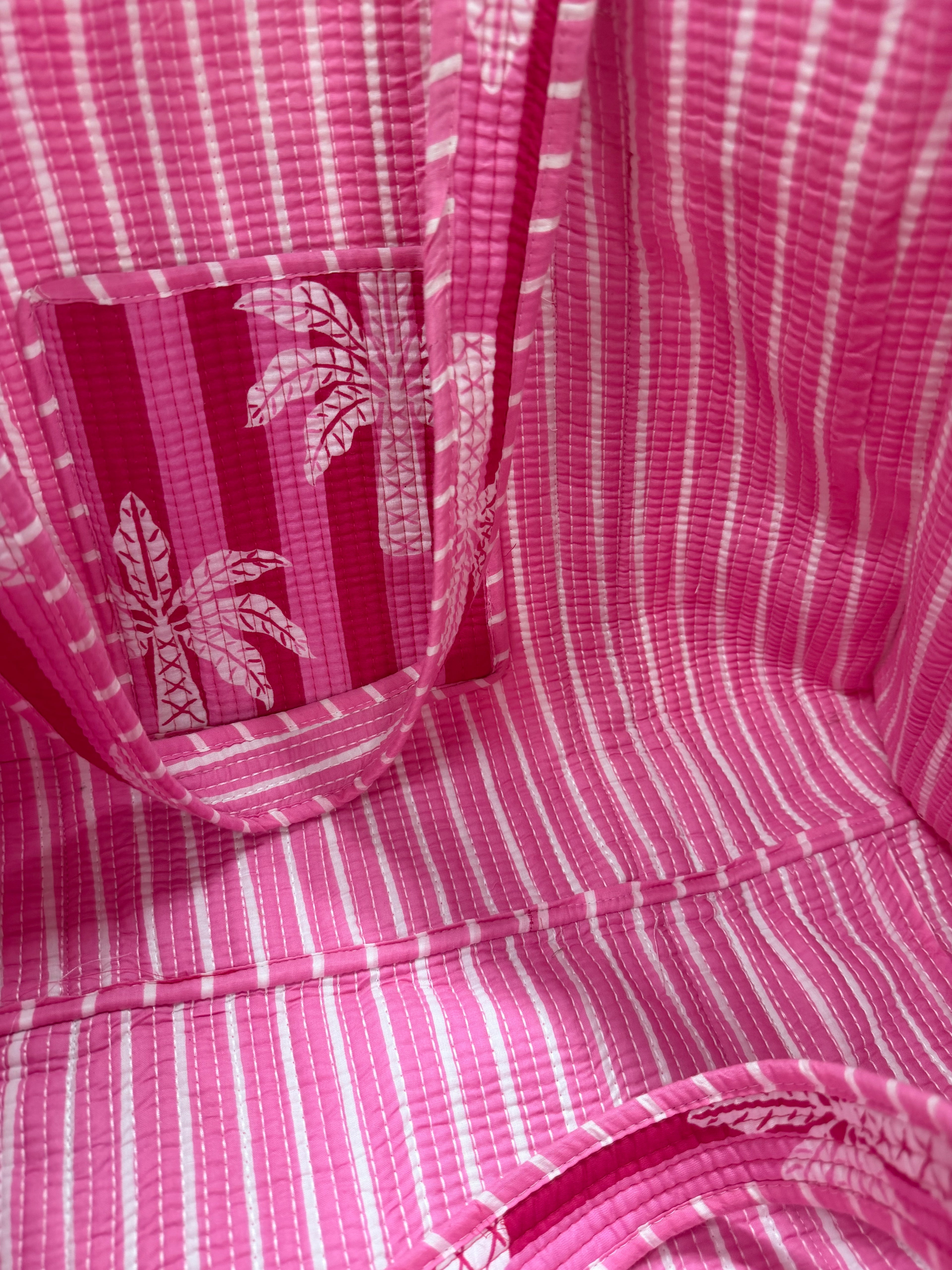 Pink stripe palm tree REVERSIBLE Large Cotton Tote Bag, handmade tote bags