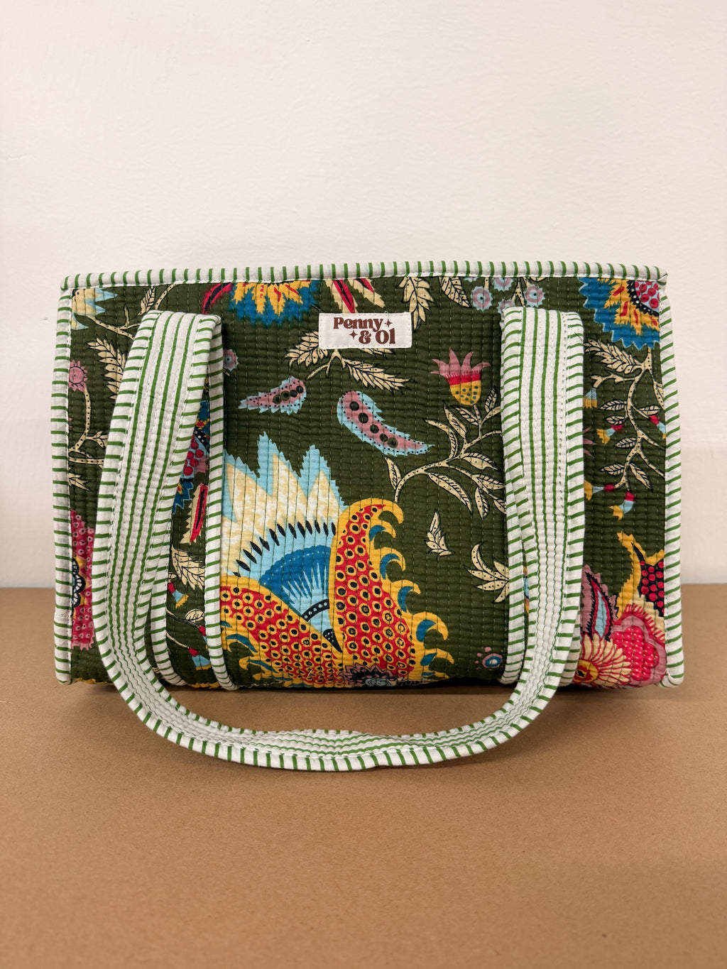 Khaki Floral Medium Cotton, handmade tote bag