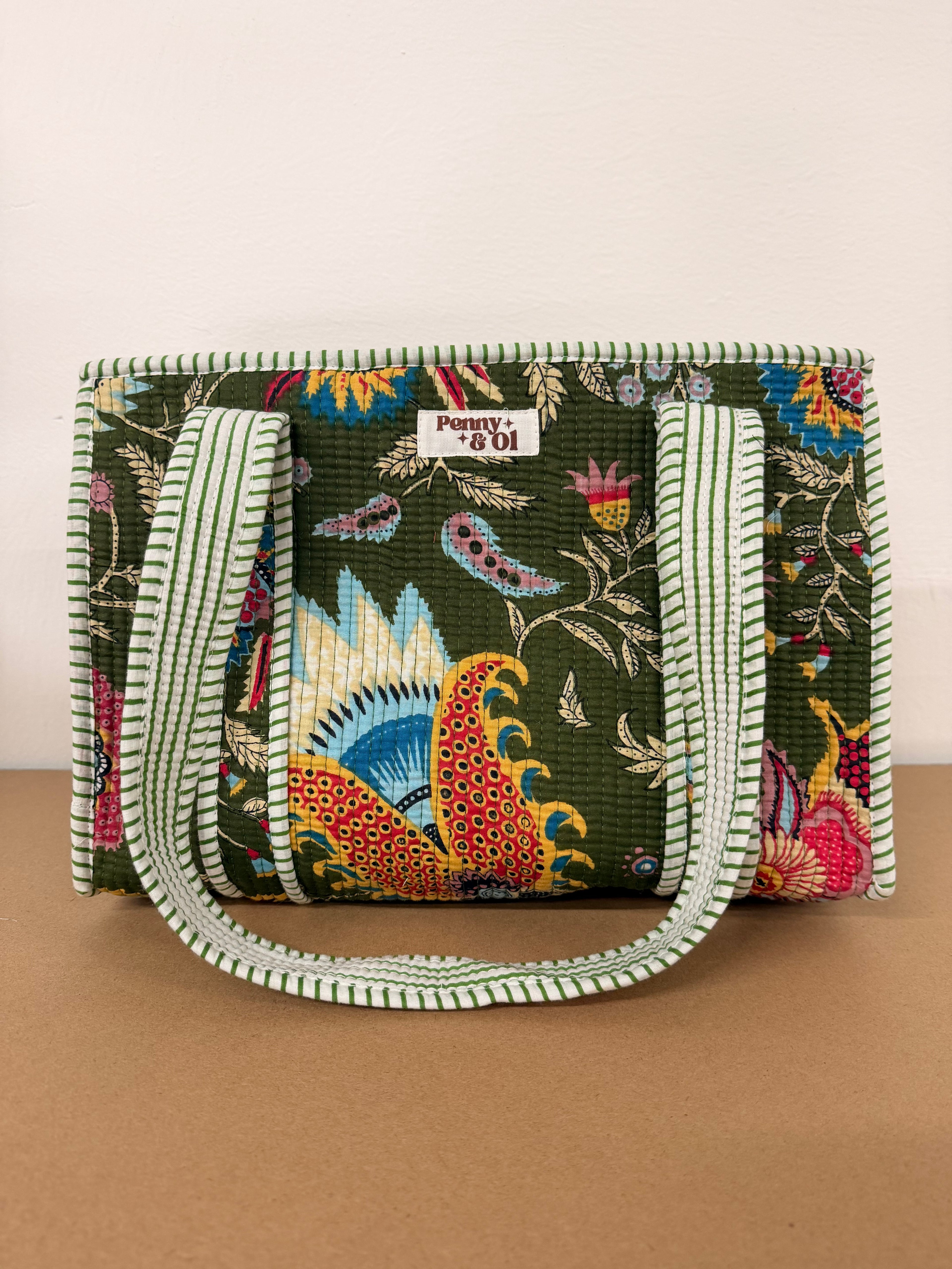 Khaki Floral Medium Cotton, handmade tote bag