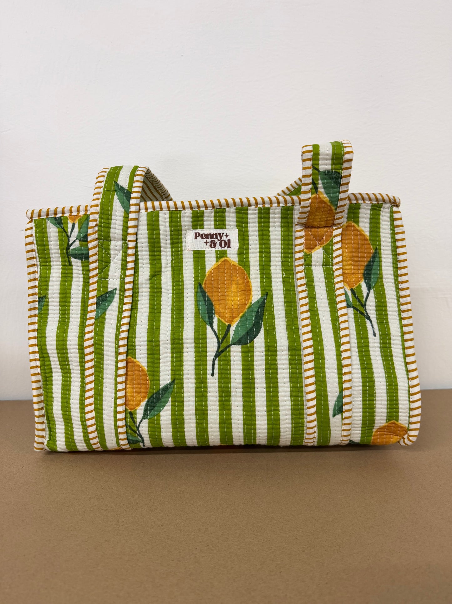 Green Stripe Lemons collection, tote bags. Cotton tote bags all sizes