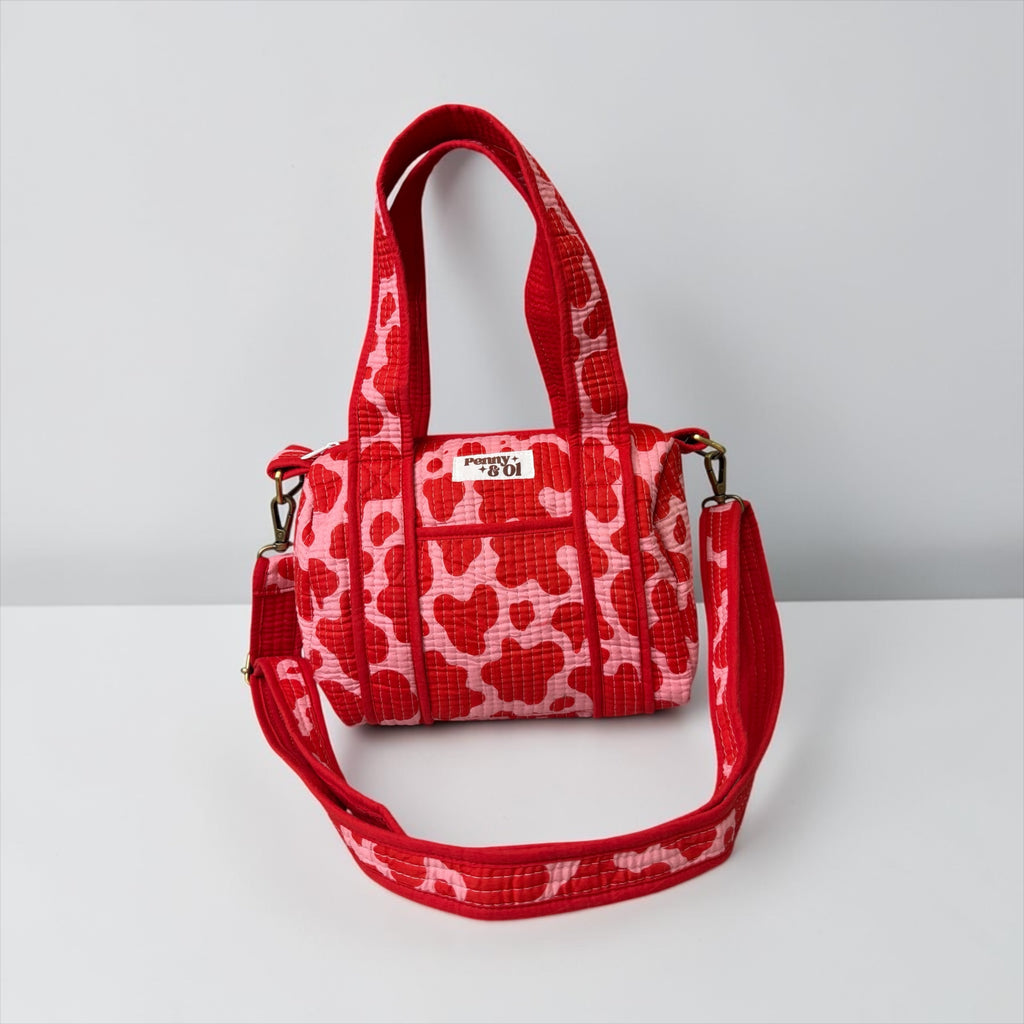 Pink & Red Cow Print Mini Duffle Tote Bags - Penny & Ol