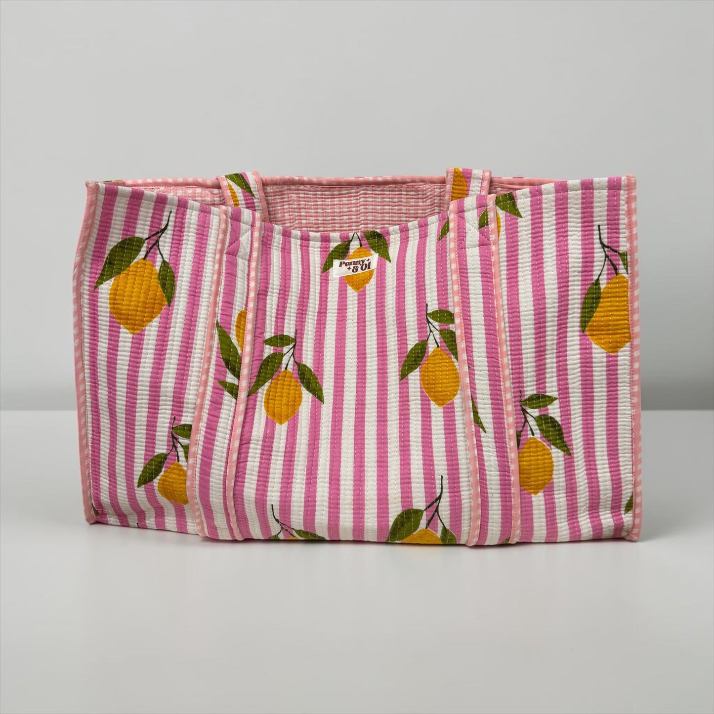 Pink stripe lemon gingham REVERSIBLE Large Cotton Tote Bag, handmade tote bags