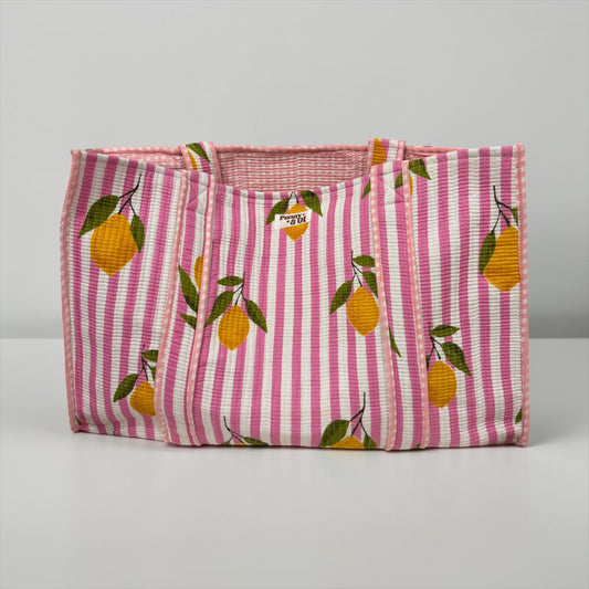Pink stripe lemon gingham REVERSIBLE Large Cotton Tote Bag, handmade tote bags