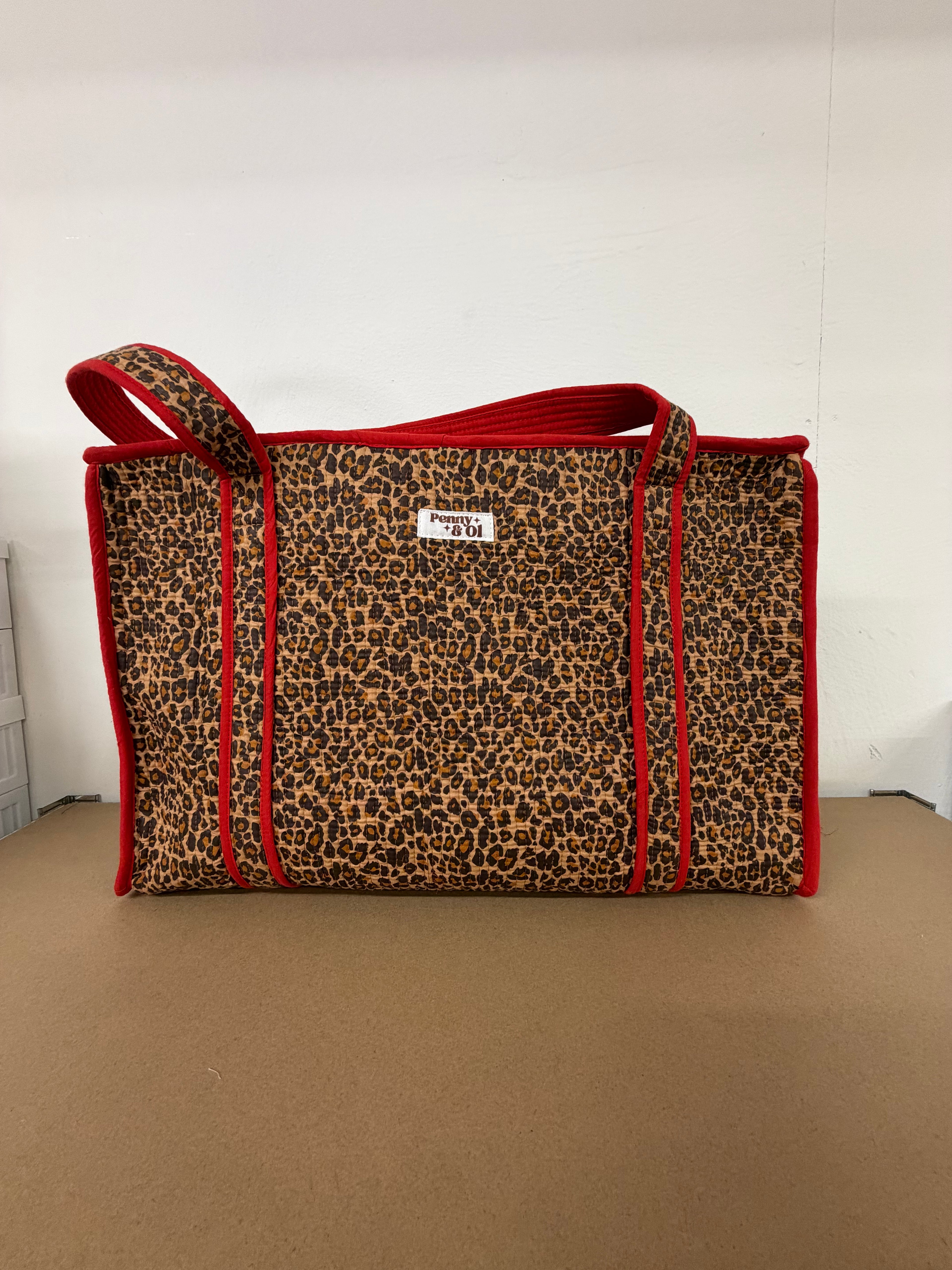 Red Leopard Print Large Cotton Tote Bag, handmade tote bags