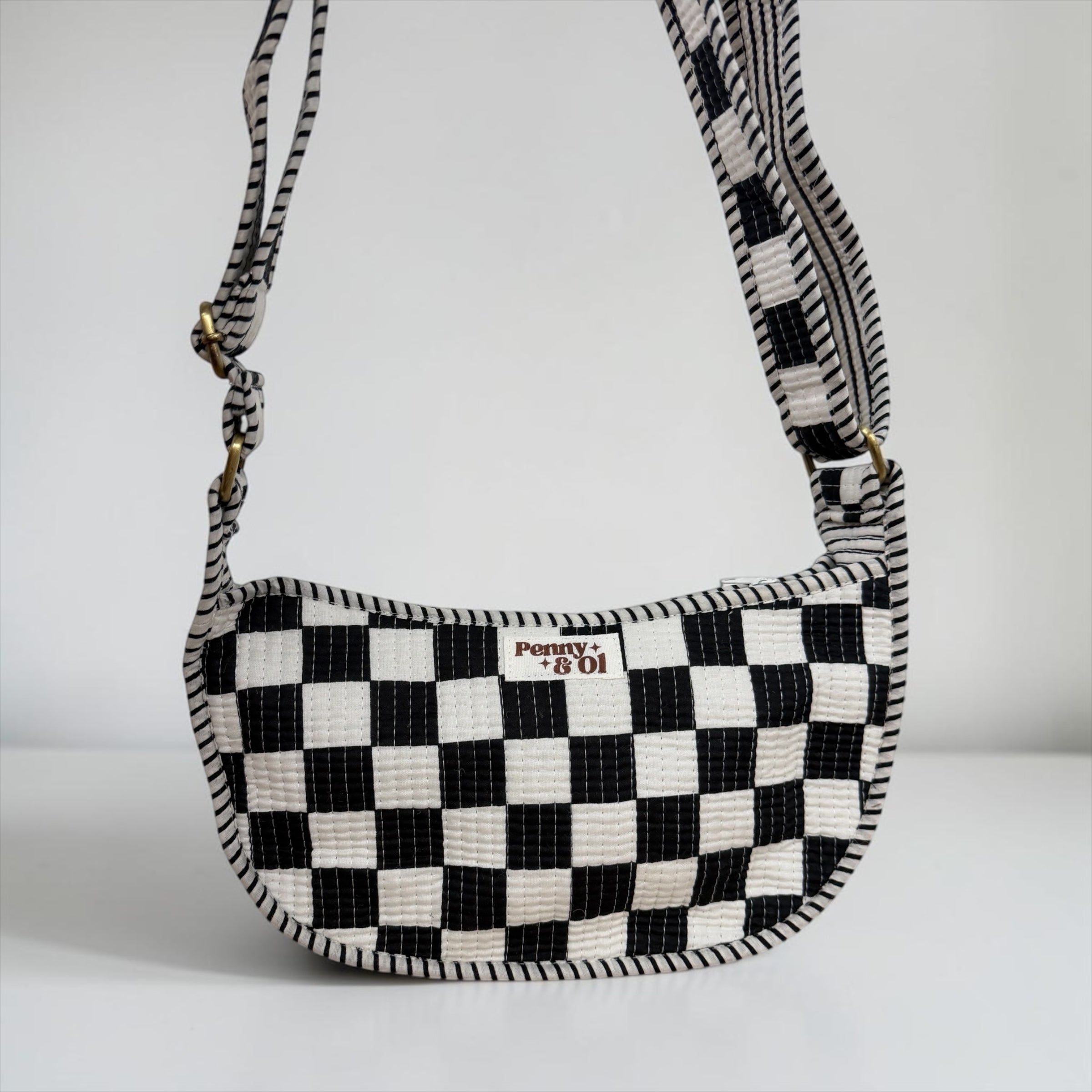 Black & White Checkerboard Mini Shoulder Bag, Handmade Cotton Tote Bags
