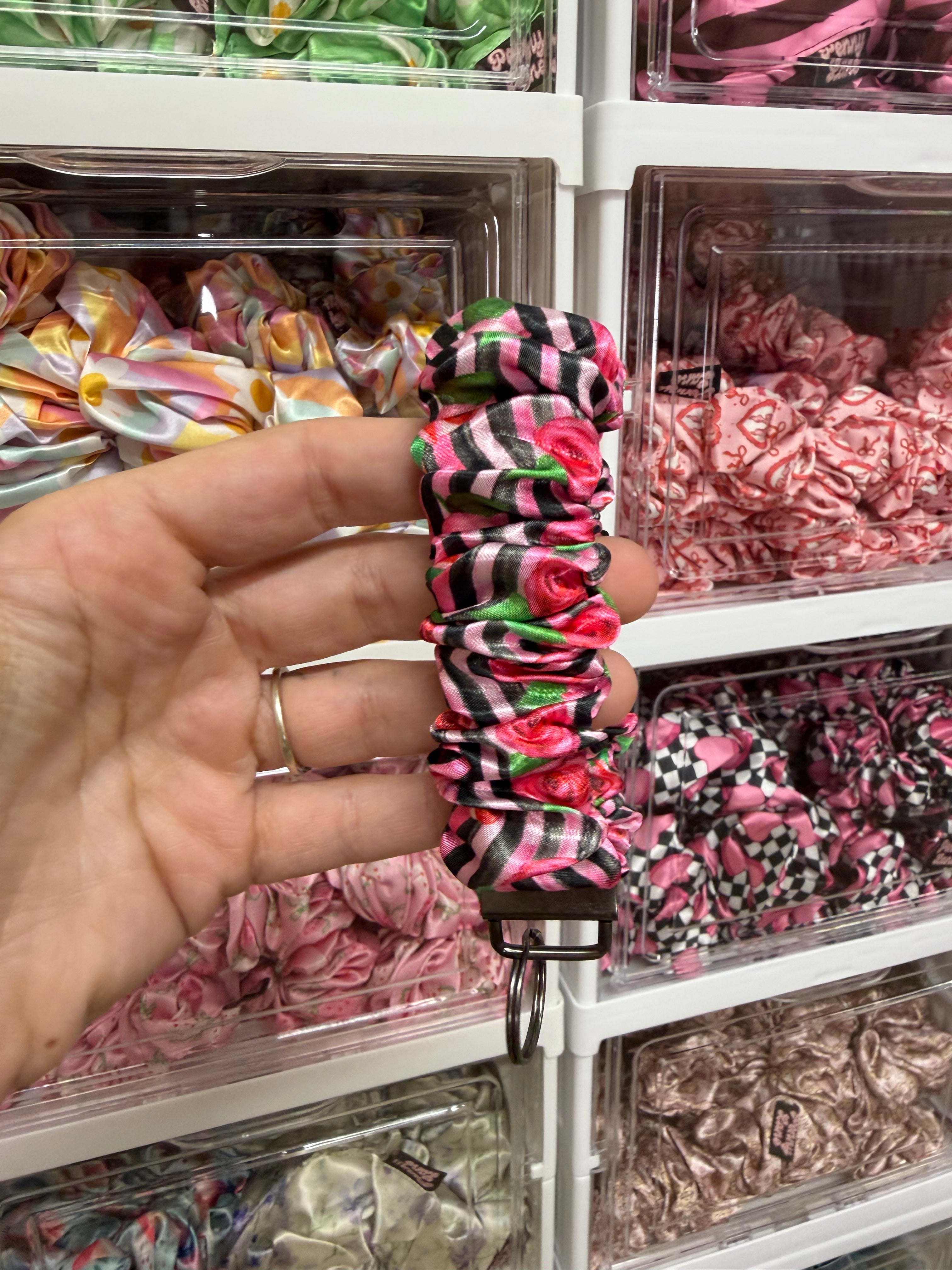 Pink Pinstripe Roses Scrunchie Keyring
