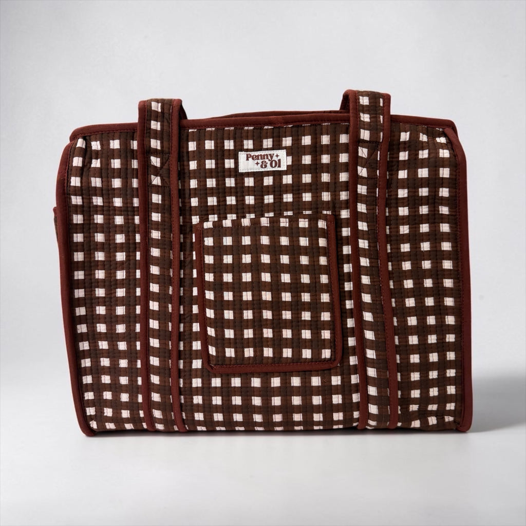 Chocolate Gingham Travel Tote, Handmade Cotton Tote Bag