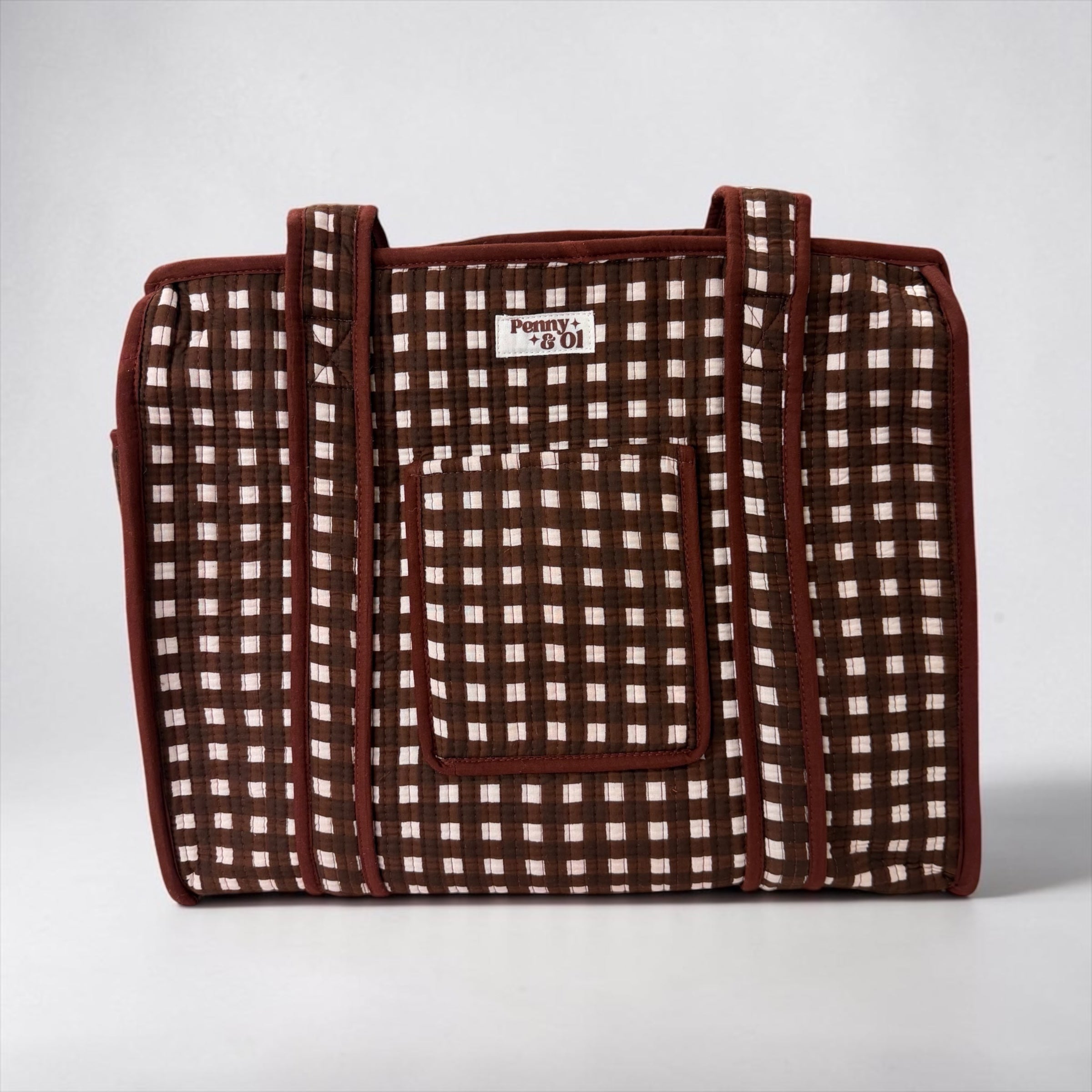 Chocolate Gingham Travel Tote, Handmade Cotton Tote Bag