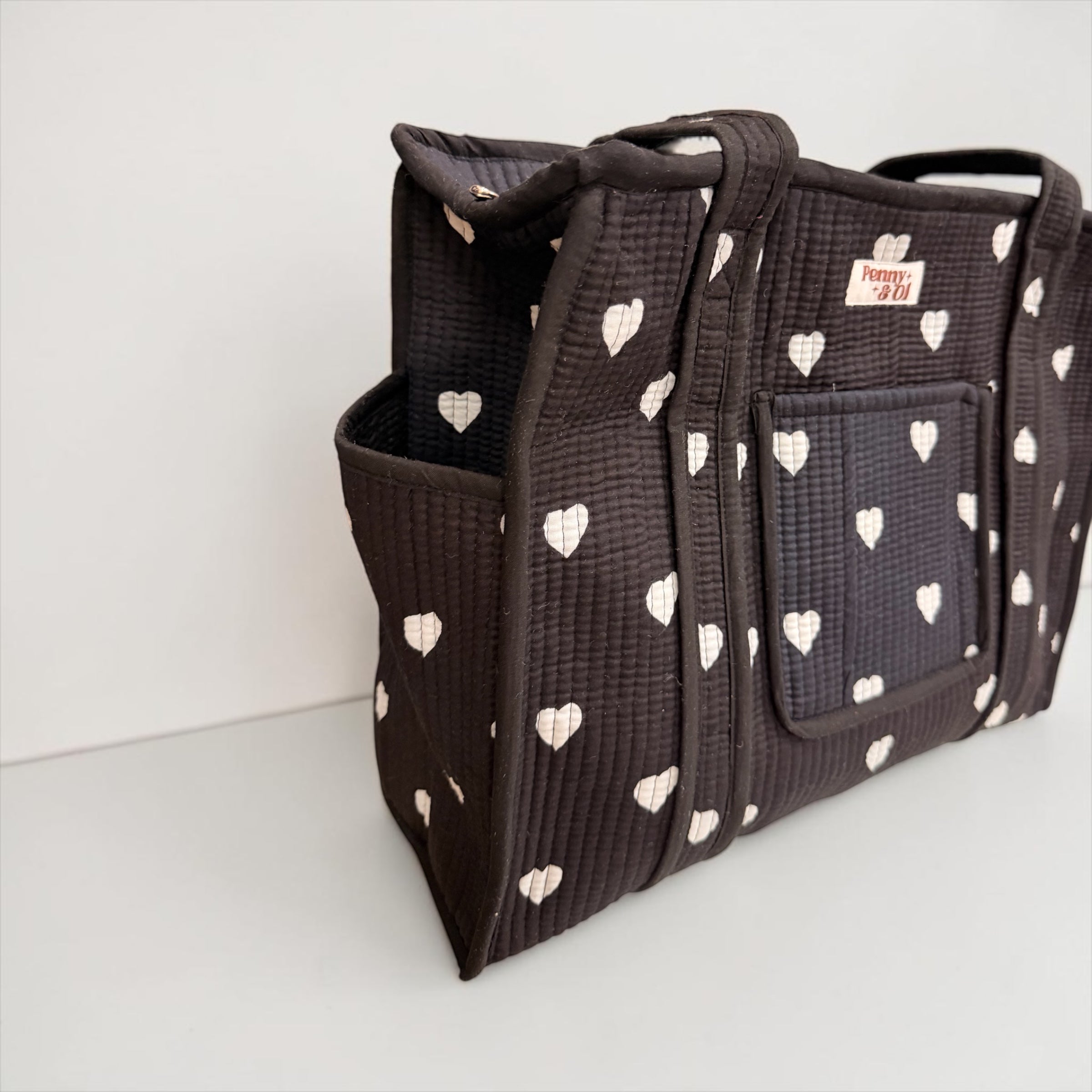 Black Hearts Travel Tote, Handmade Cotton Tote Bag