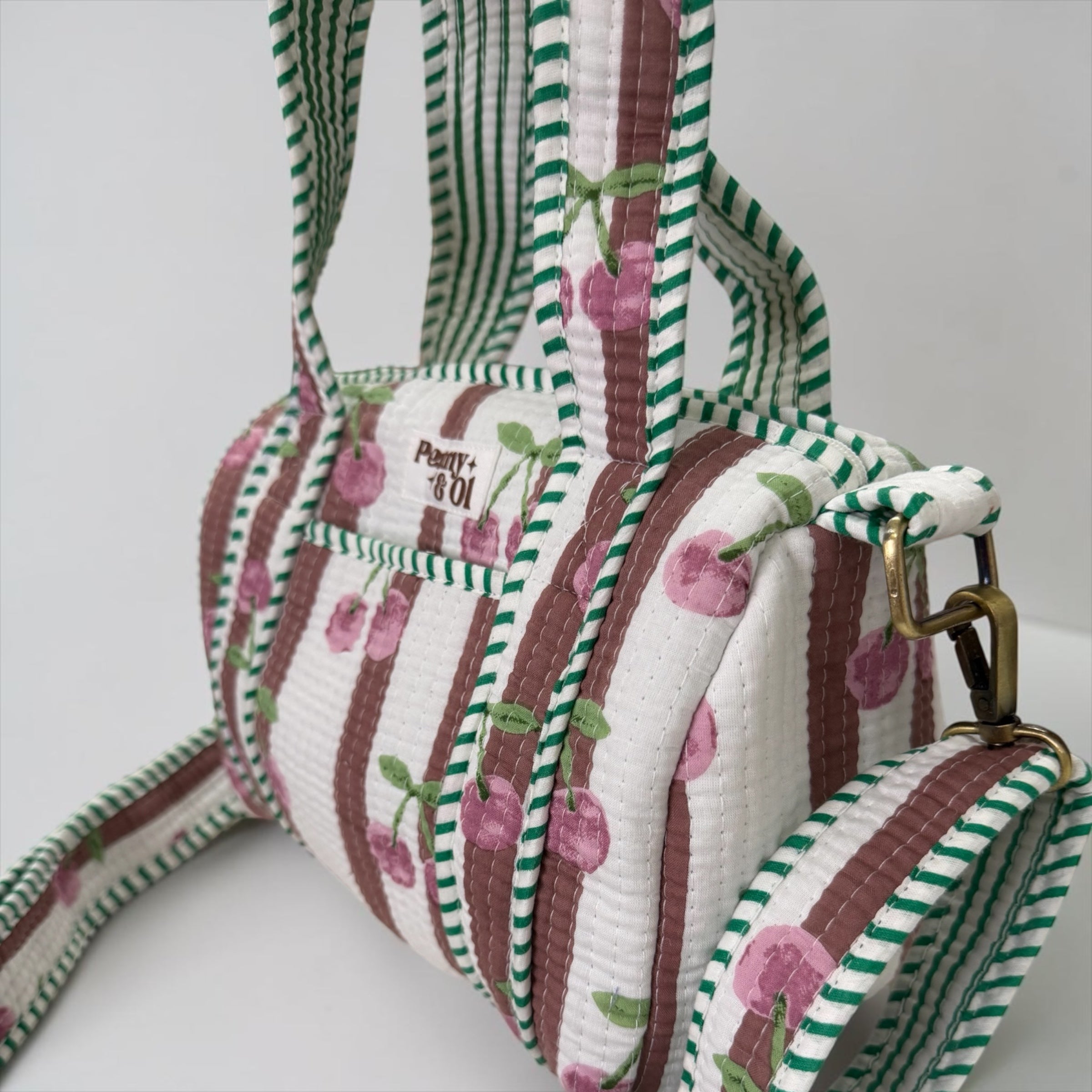 Mauve Stripe Cherries MINI DUFFLE Tote Bags - Penny & Ol