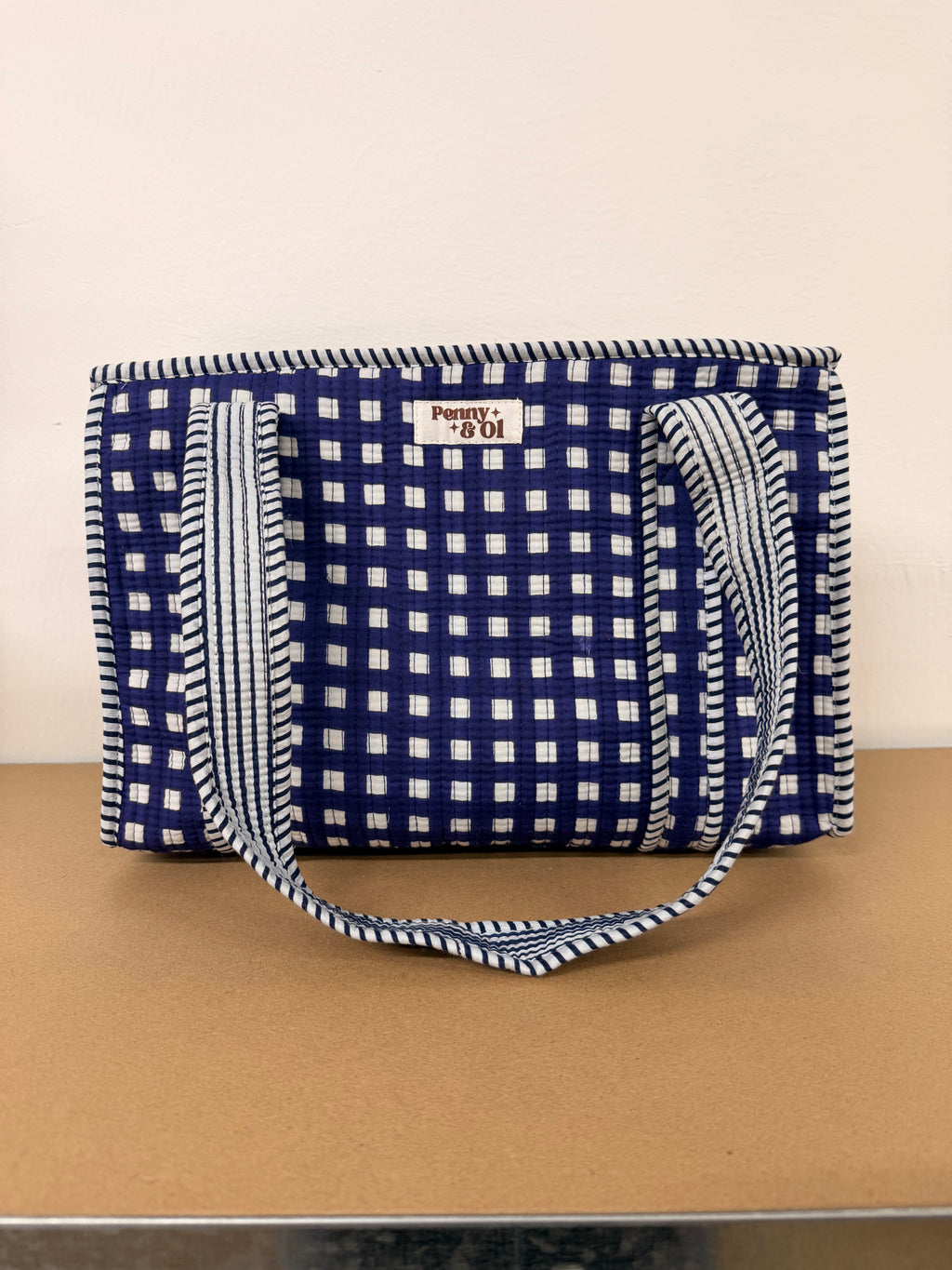 Navy Gingham Medium Cotton, handmade tote bag