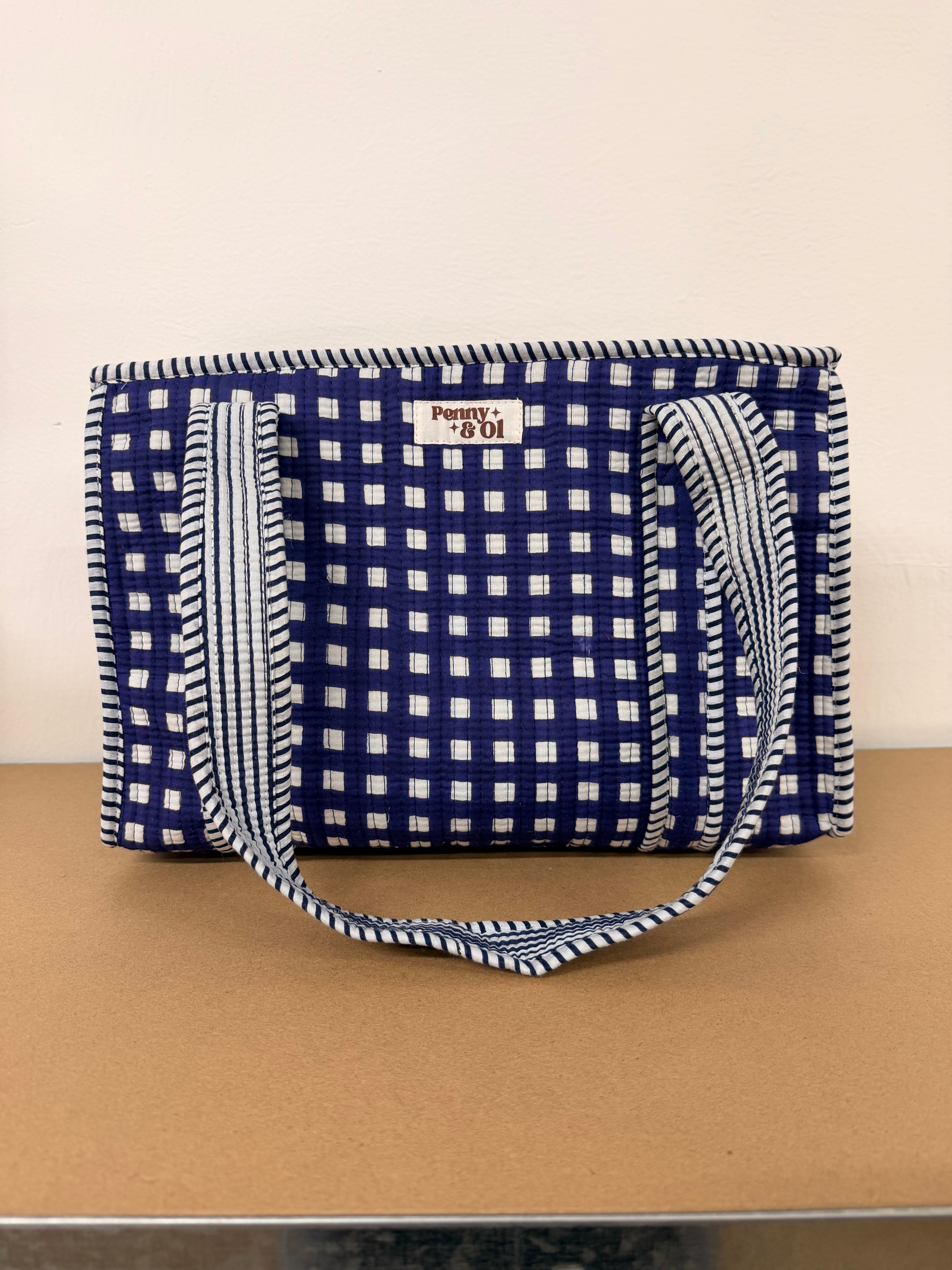 Navy Gingham Medium Cotton, handmade tote bag
