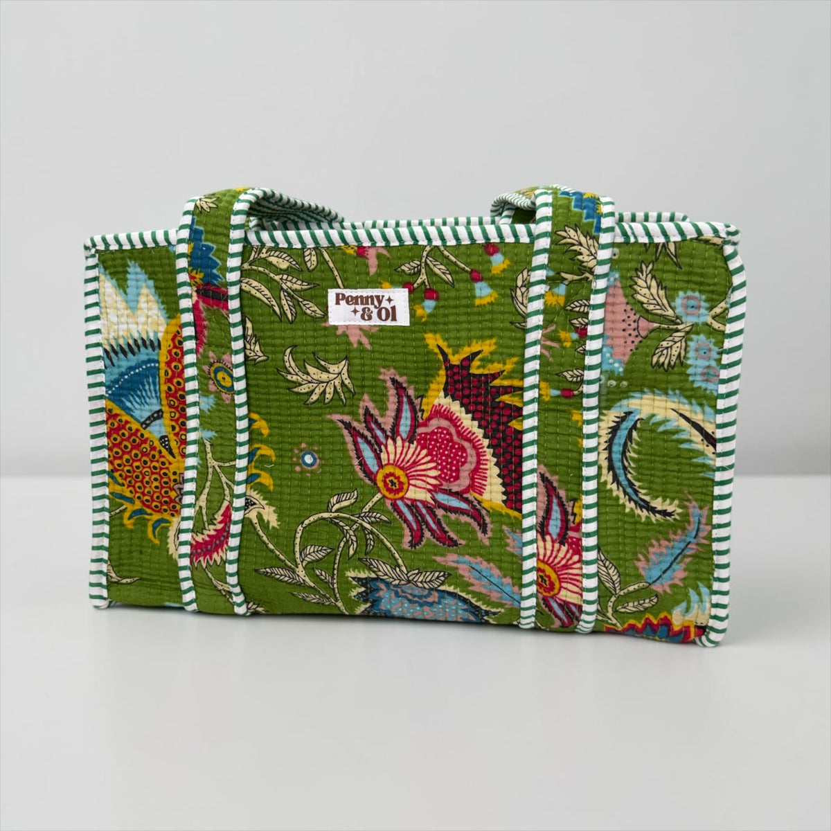 Khaki Floral Medium Cotton, handmade tote bag