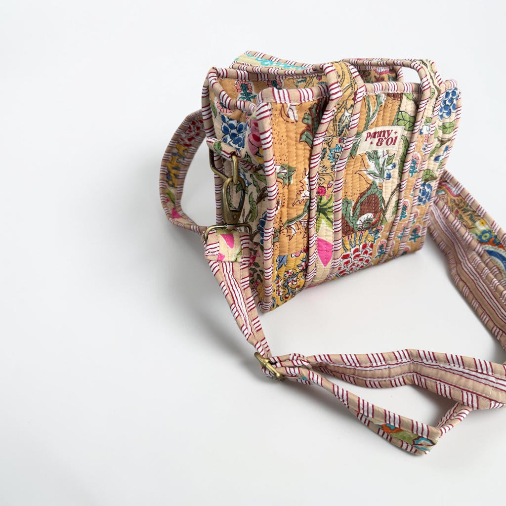 Beige Patchwork Mini Tote, Cotton, handmade tote bags
