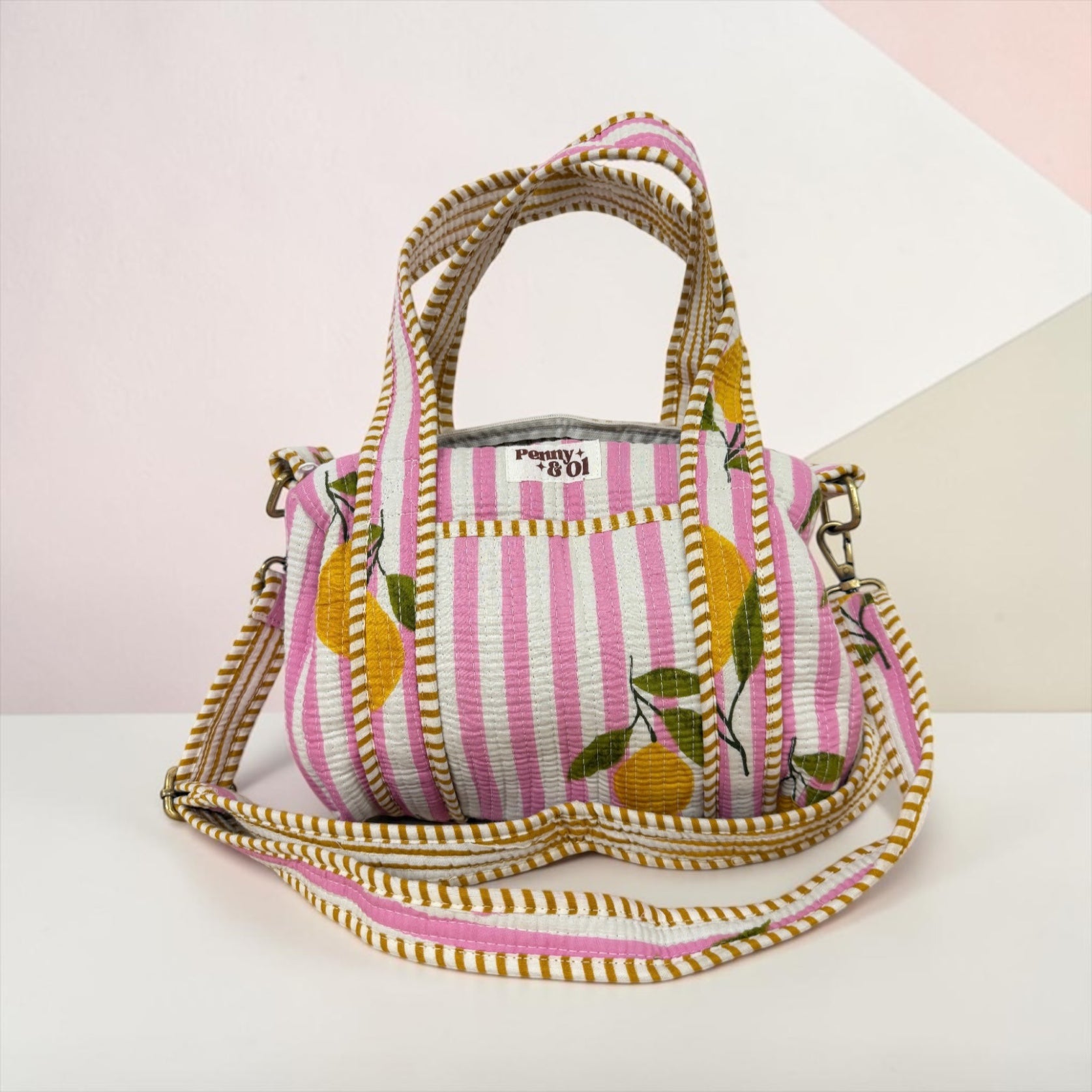 Pink Stripe Lemon MINI DUFFLE Tote Bags - Penny & Ol