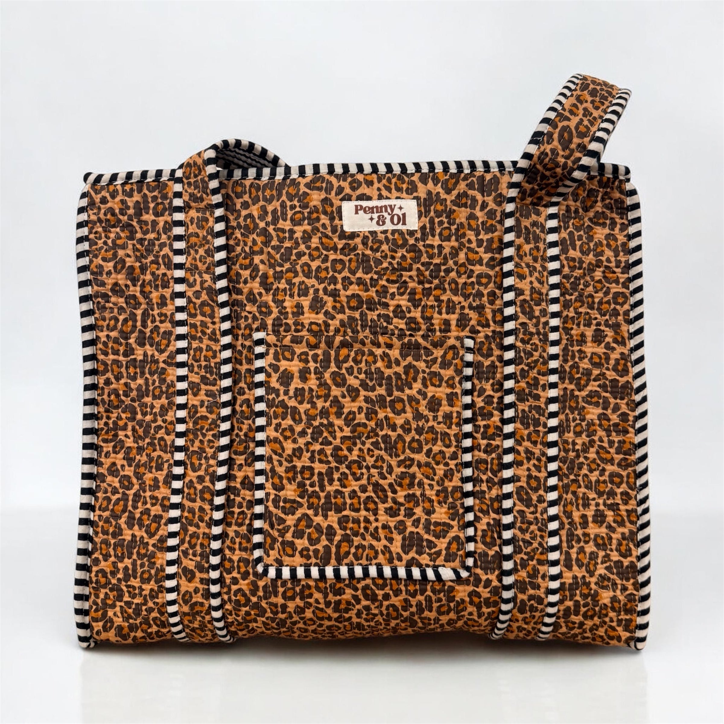 Dark Leopard Print Travel Tote, Handmade Cotton Tote Bag