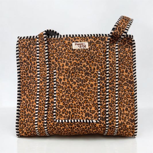 Dark Leopard Print Travel Tote, Handmade Cotton Tote Bag